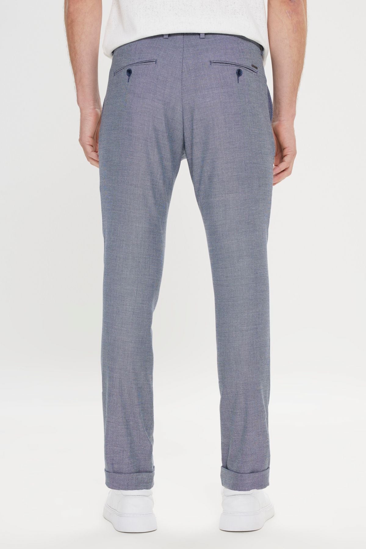 Men's navy blue slim fit narrow cutting side pocket with a waist -tied patterned pants