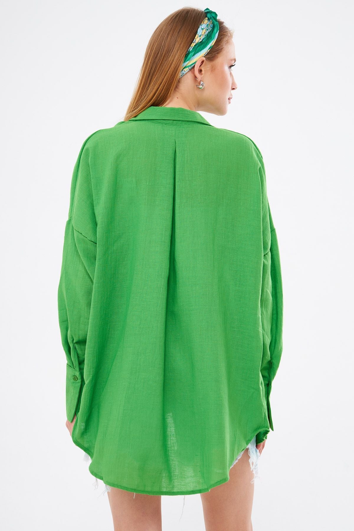 Female Green Oversize textured linen-looking large cuff shirt ARM-24K001001