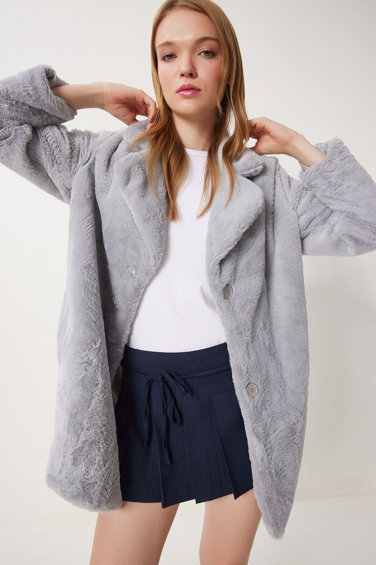 Women's Stone Gray Artificial Fur Coat Rv00072