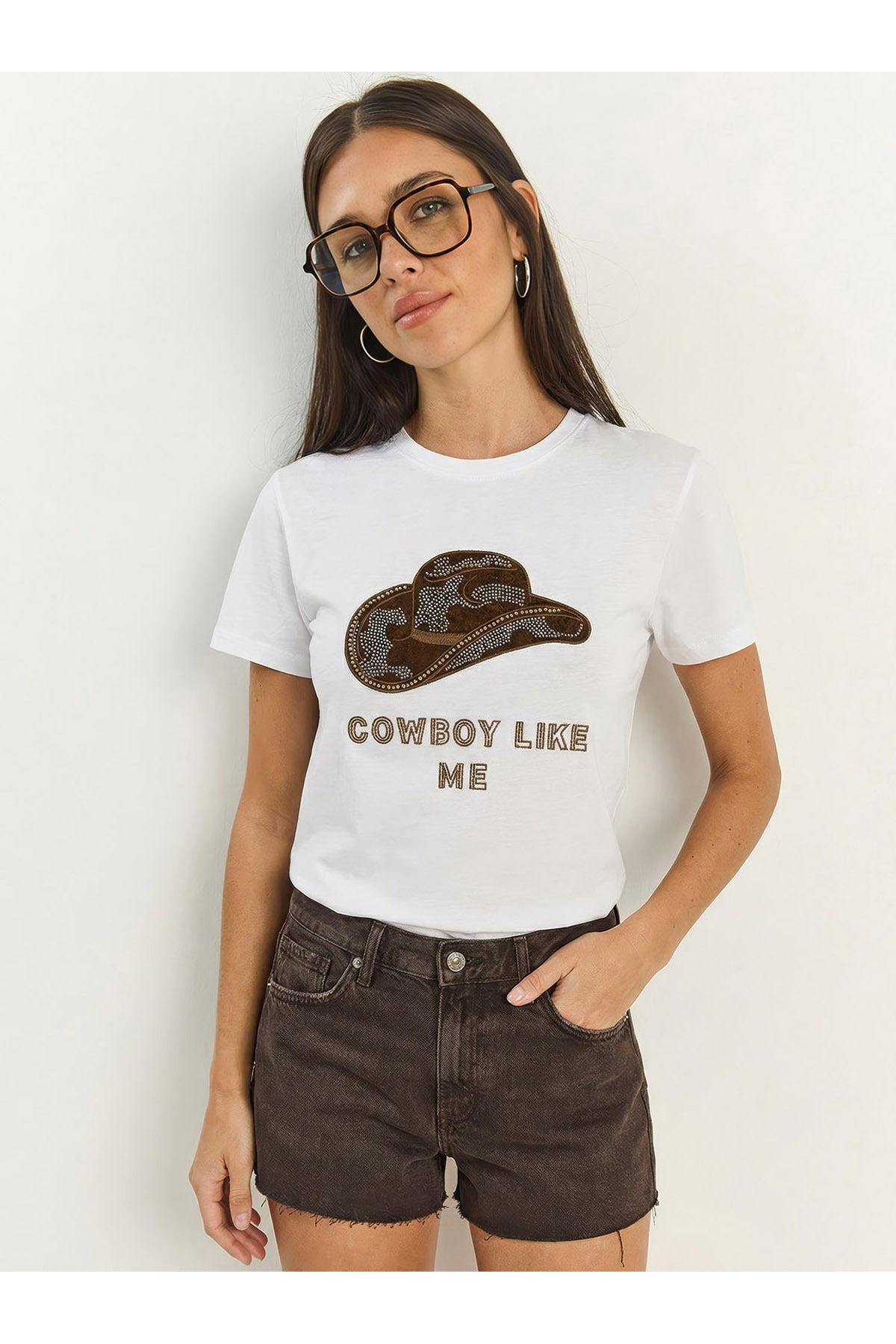 Women's Cowboy Hat Embroidered Beaded Basic T-Shirt 7581 60283950