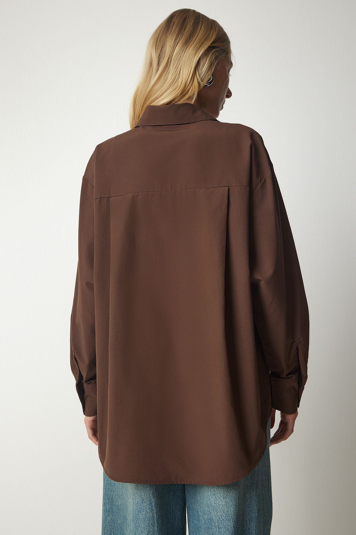 Female Brown Single Pocket Boyfriend Poplin Shirt CY00014