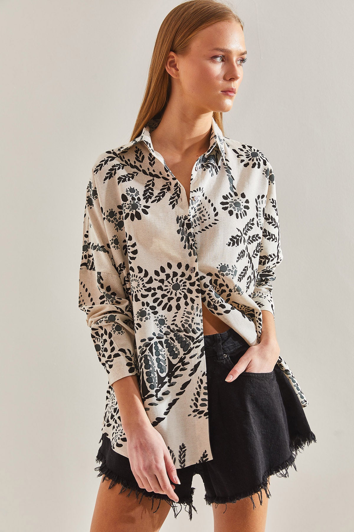 Women's Big Leaf Patterned Casual Linen Shirt 60101021