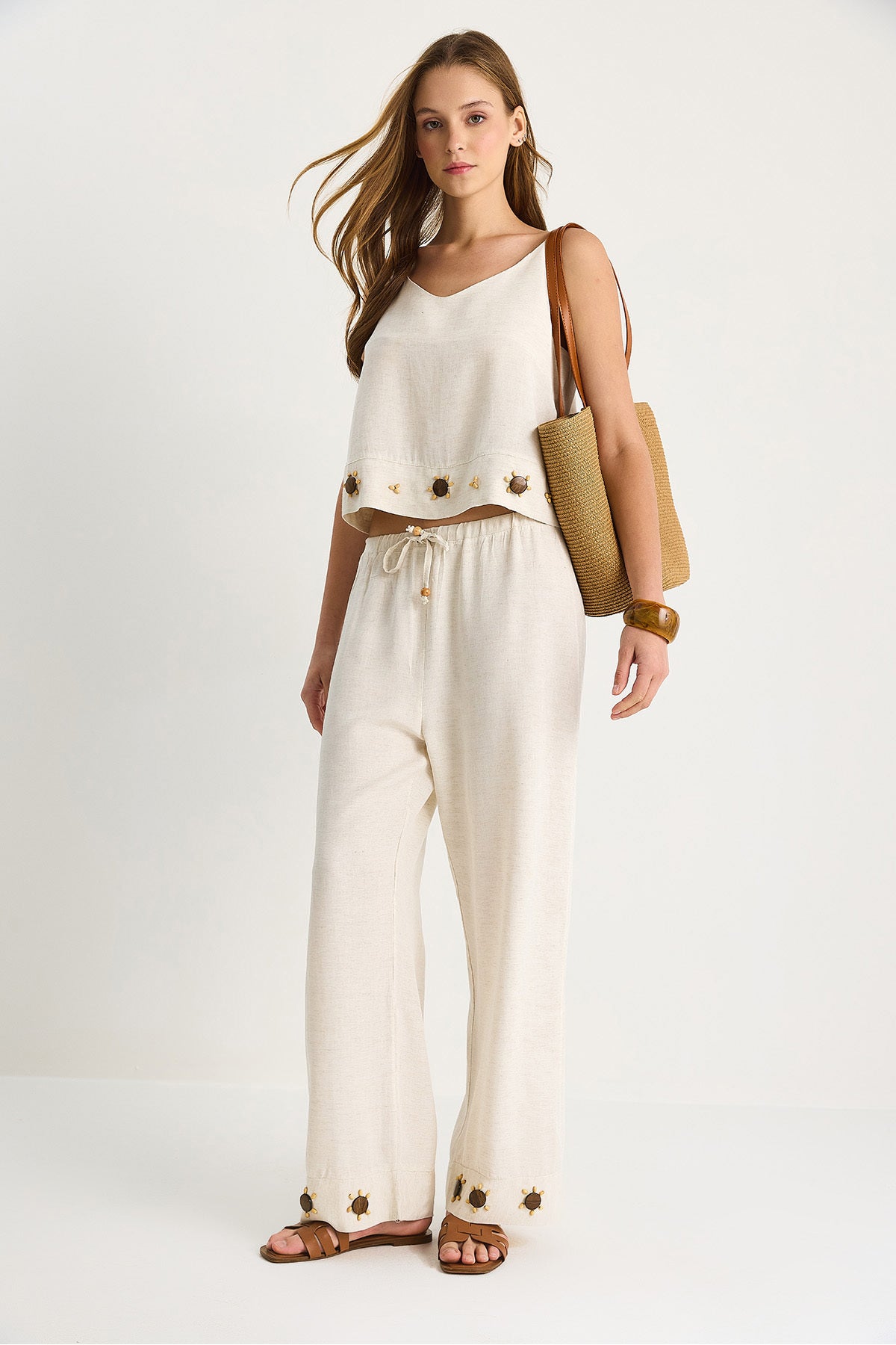 Women's Thin Strap V-neck Blouse Comfortable Fit Trousers Accessory Linen Suit B28-4900 60283506