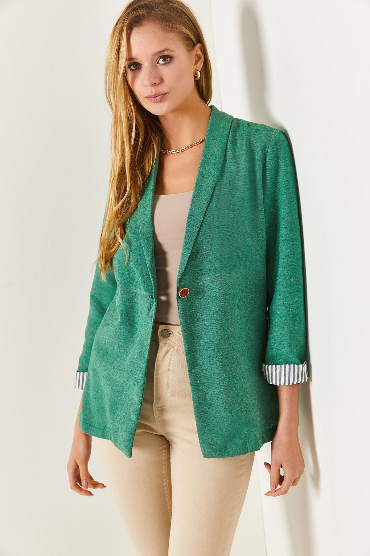 Women's Dark Green Arm Içi striped single button jacket ARM-22K001122