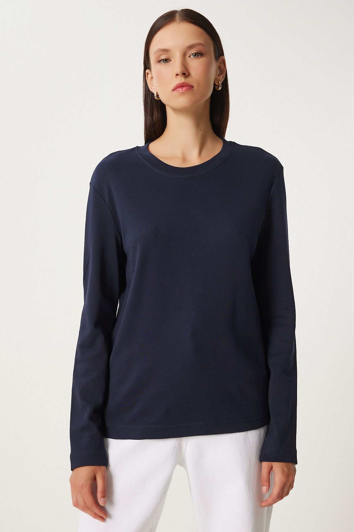 Woman Navy Blue Cotton Basic Knitting Blouse NJ00155