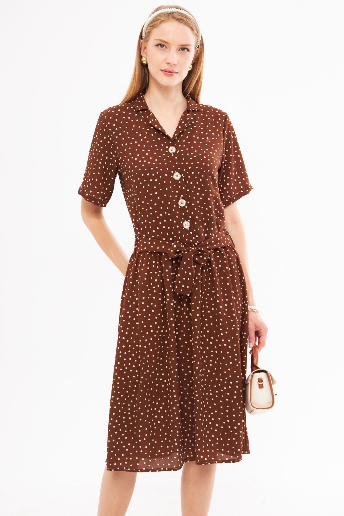 Female coffee front buttoned waist shirred belt midi size dress ARM-24Y001068