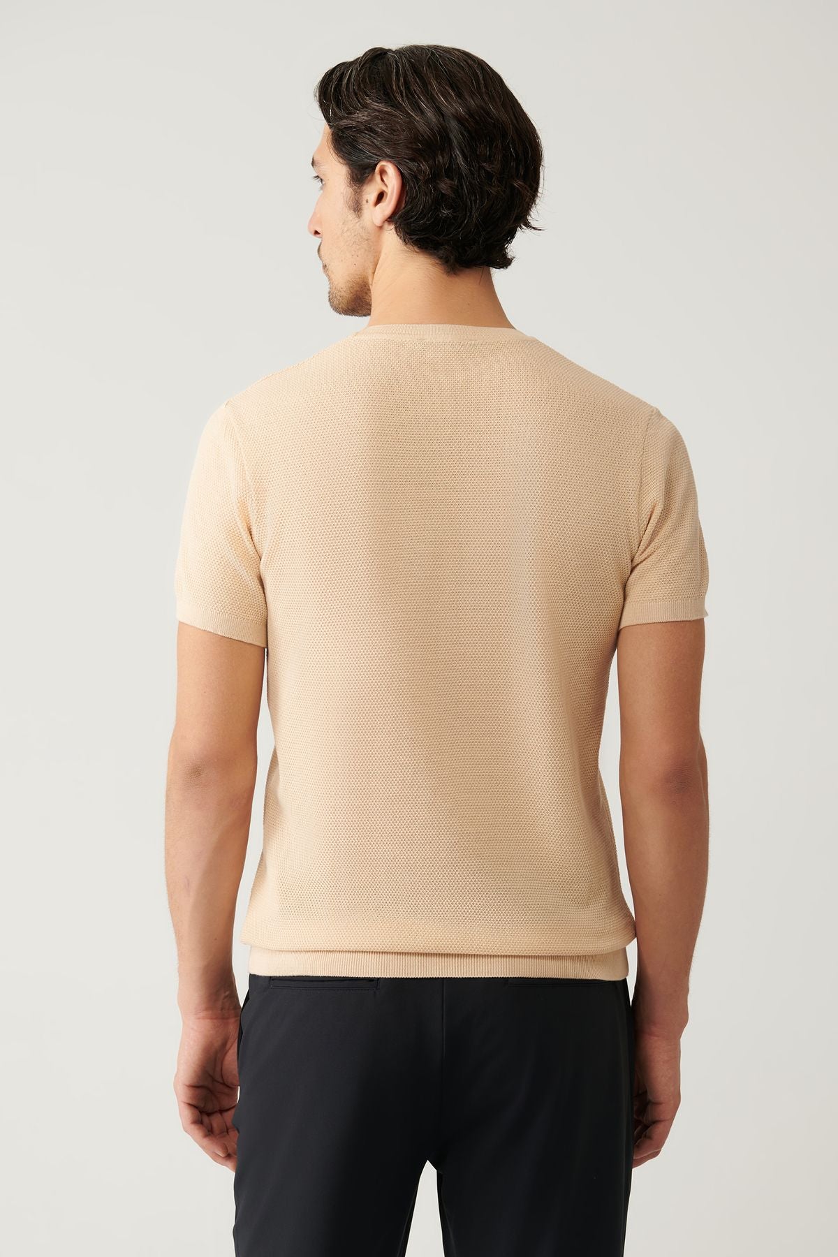 Men's Beige Bicycle Collar textured cotton knitwear T-shirt E005027