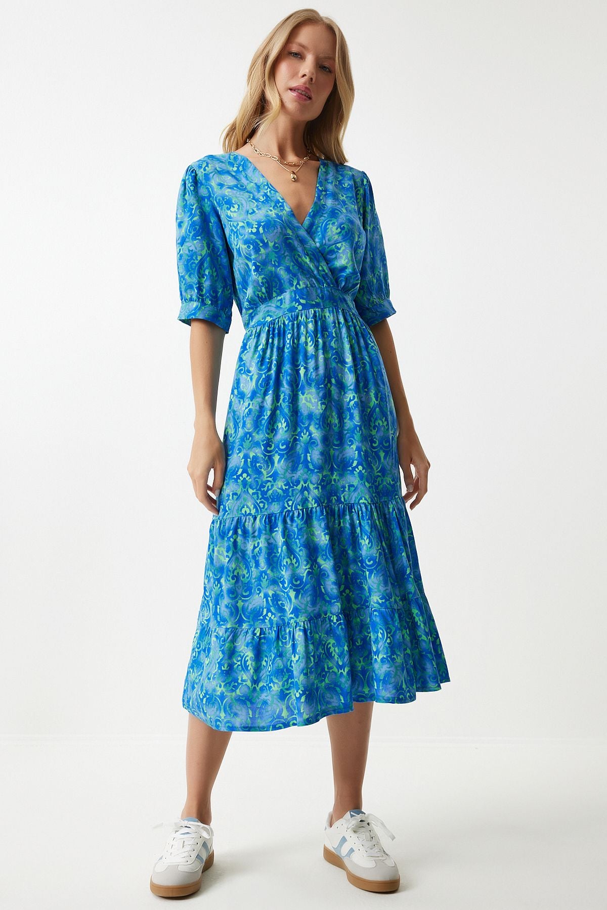 Woman Blue Green Anvelop Yaka Floral Summer Viscose Dress RV00128