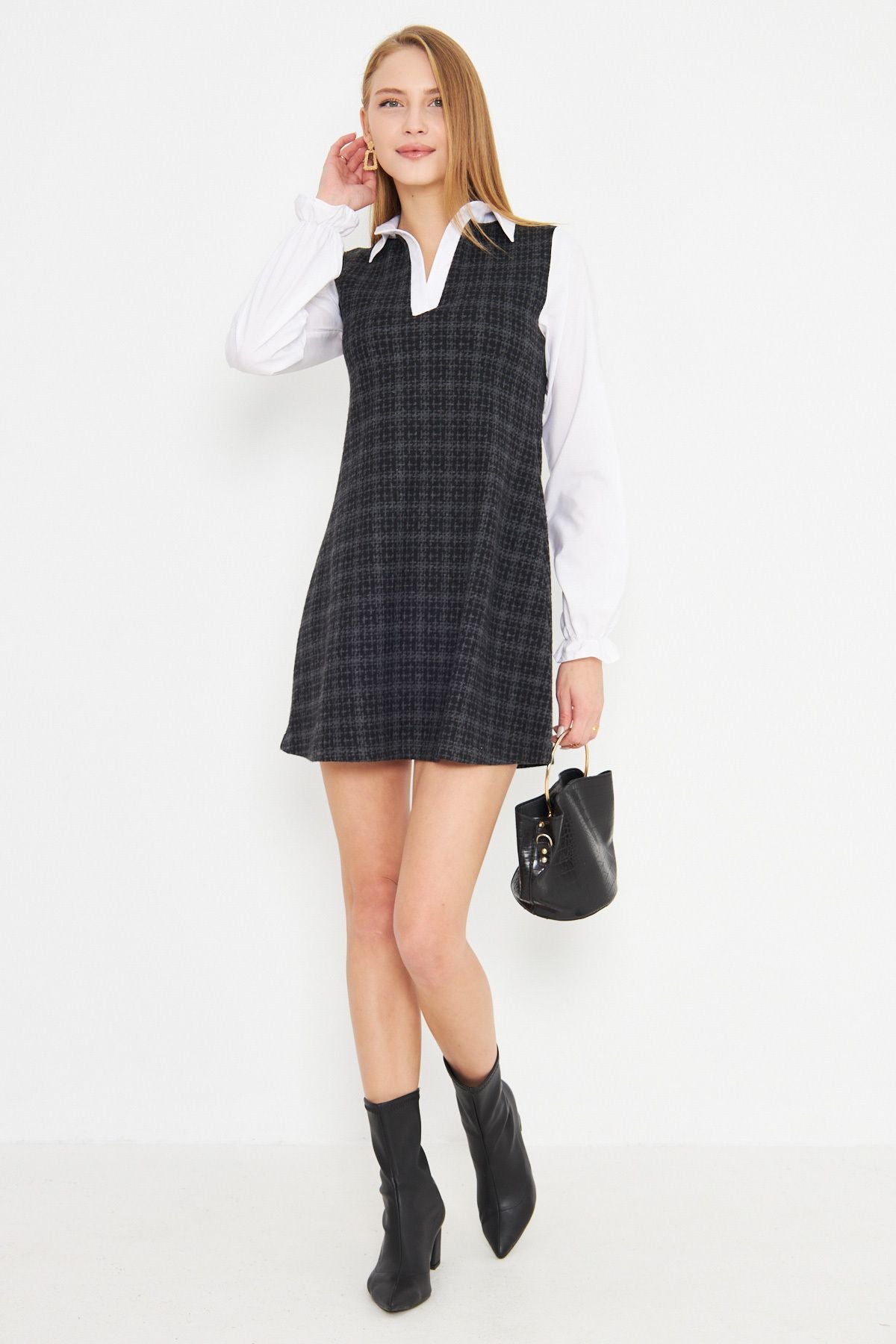 Female anthracite shirt collar long sleeve mini dress ARM-25K001050