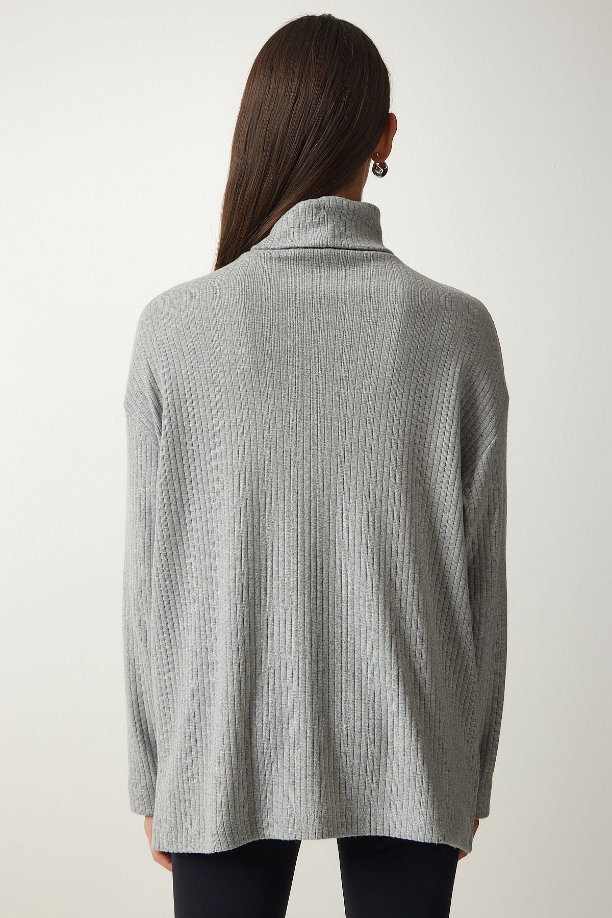 Women's Gray Fisherman Neck Vumor Oversize Knitting Blouse UB00213