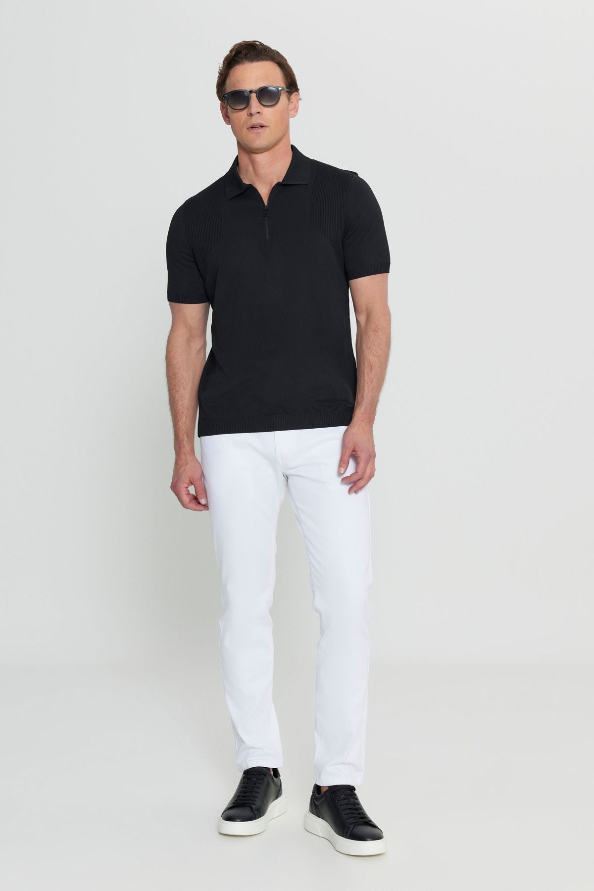 Men's Black Standard Fit Normal Cut Polo Yaka Jacquari Triko T -shirt