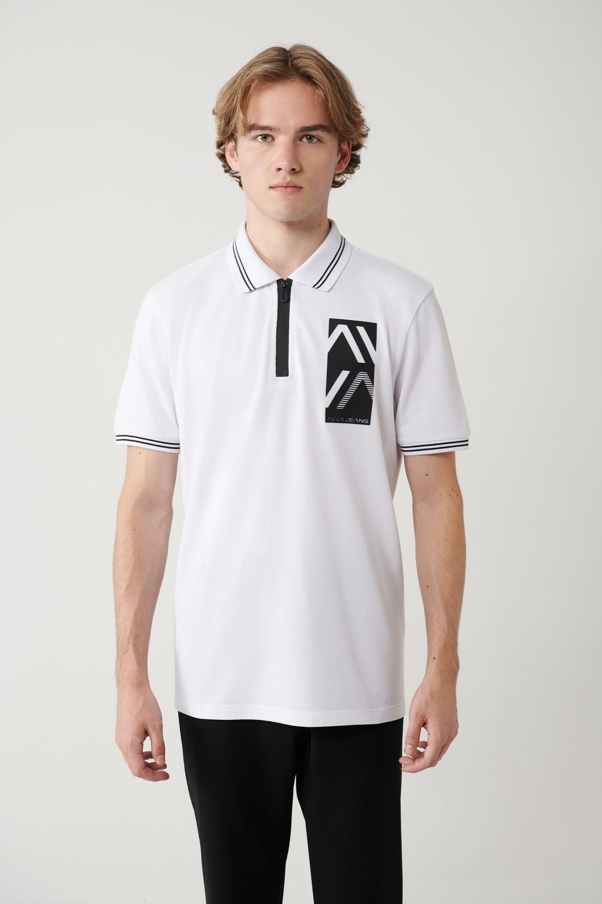 Men's White 100 %Cotton Printed Cotton Polo Yaka T-shirt A41y1182