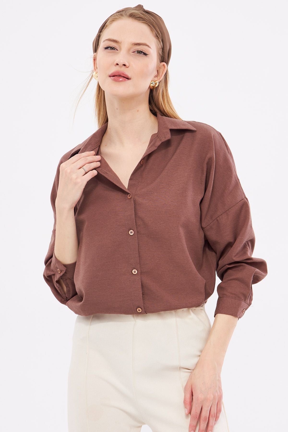 Woman Dark Coffee Oversize Long Basic Shirt ARM-221118