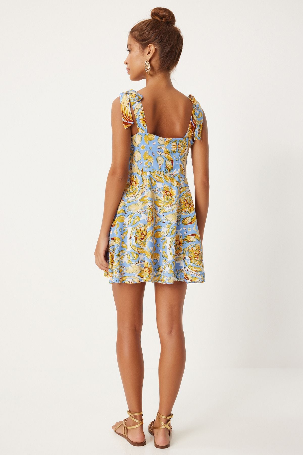 Woman Sky Blue Yellow Thick Simple Patterned Summer Mini Viscose Dress FN03238