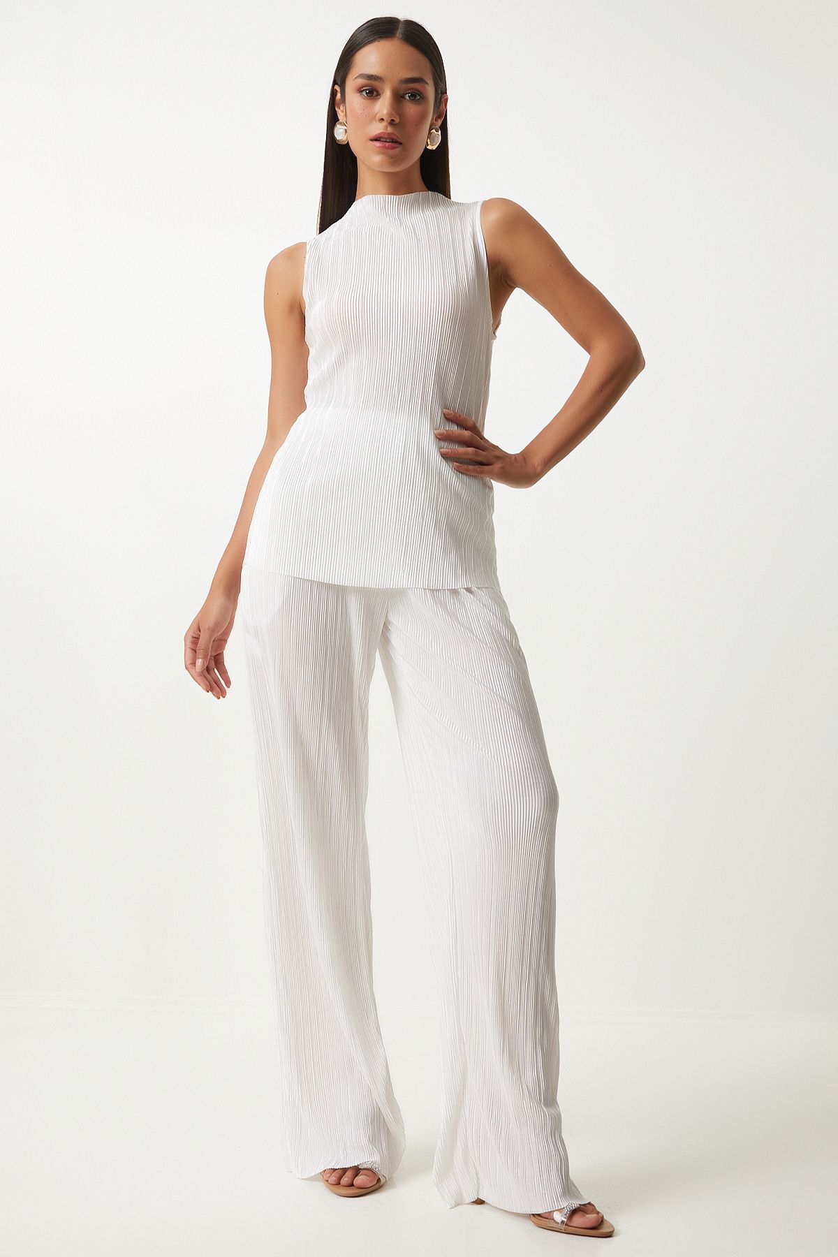 WOMEN WHITE BATLESS BLAZZO PALAZZO Pants Set FN03192