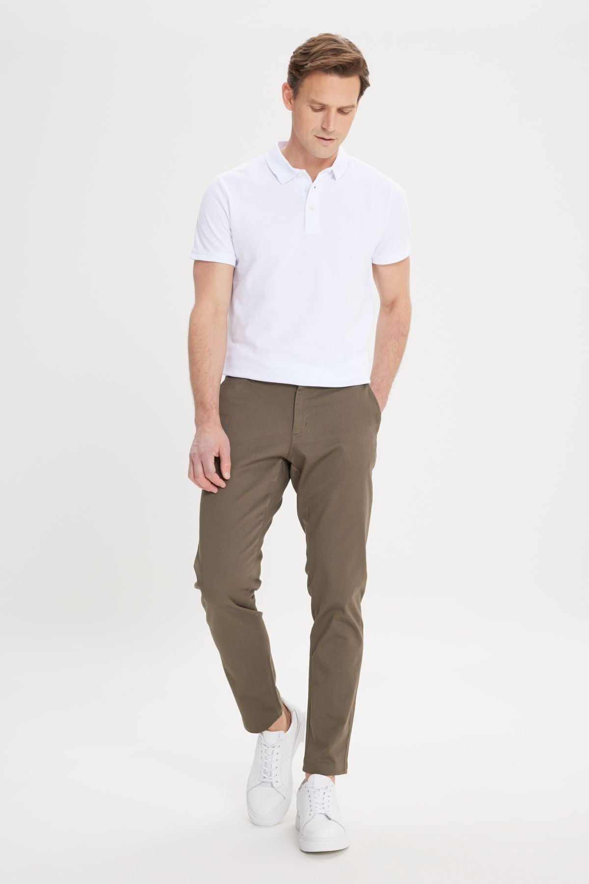 Men's Khaki Slim Fit Narrow Cut Cotton Side Pocket Flexible Chino Pants