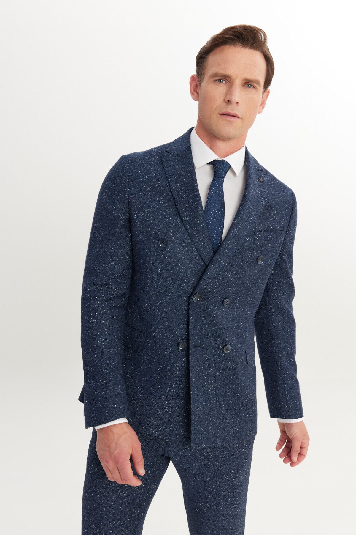 Men's navy blue slim fit narrow -cut swallow collar patterned suit suits