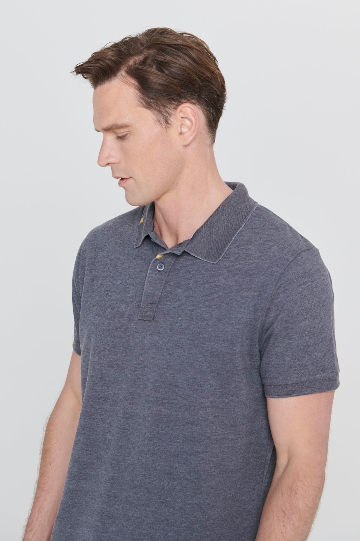 Men's anthracite slim fit narrow cut cotton embroidery detailed Polo Yaka T -shirt