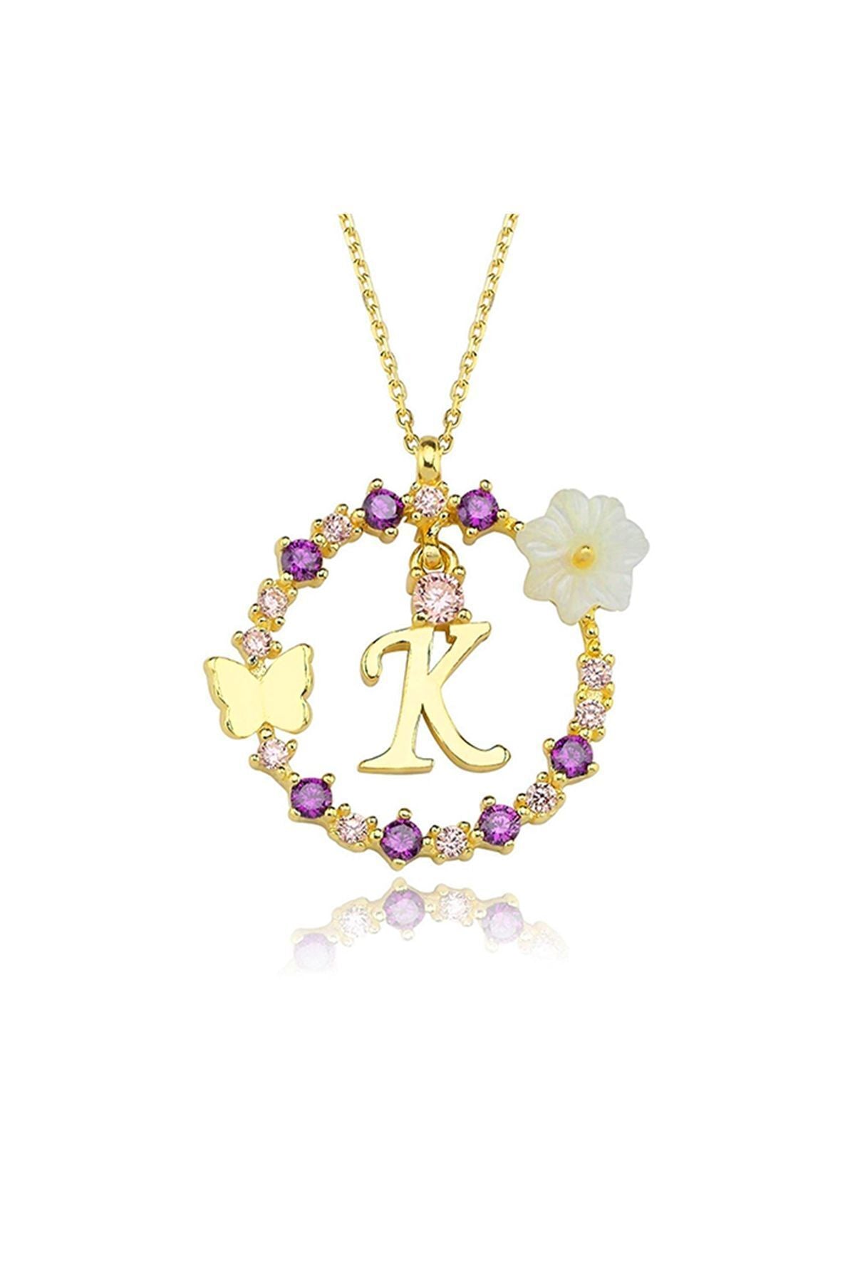 Magnolia Flower Dreams Glitter 14k Gold K Letter Women's Necklace