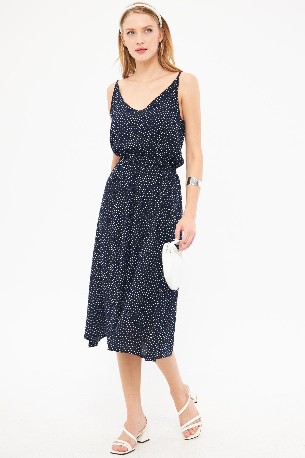Female navy blue strap V-neck waist tire midi height patterned cloch dress ARM-24Y001103