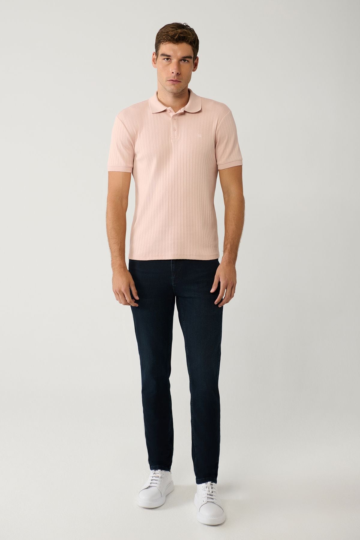 Male Light Pink 100 %Cotton 3 Buttoned Jacquar Polo Yaka T-shirt A41y1354