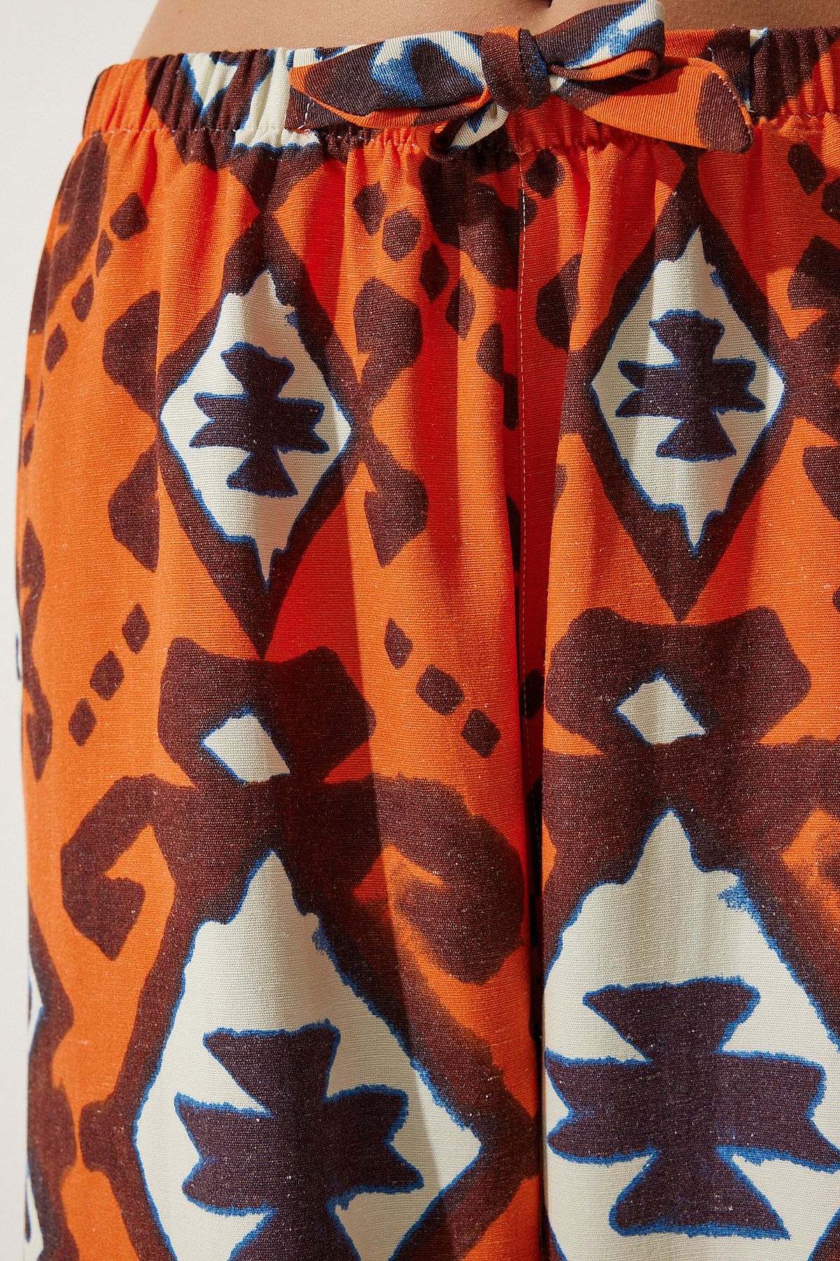 Female Orange Patterned Raw Linen Palazzo Pants BH00397