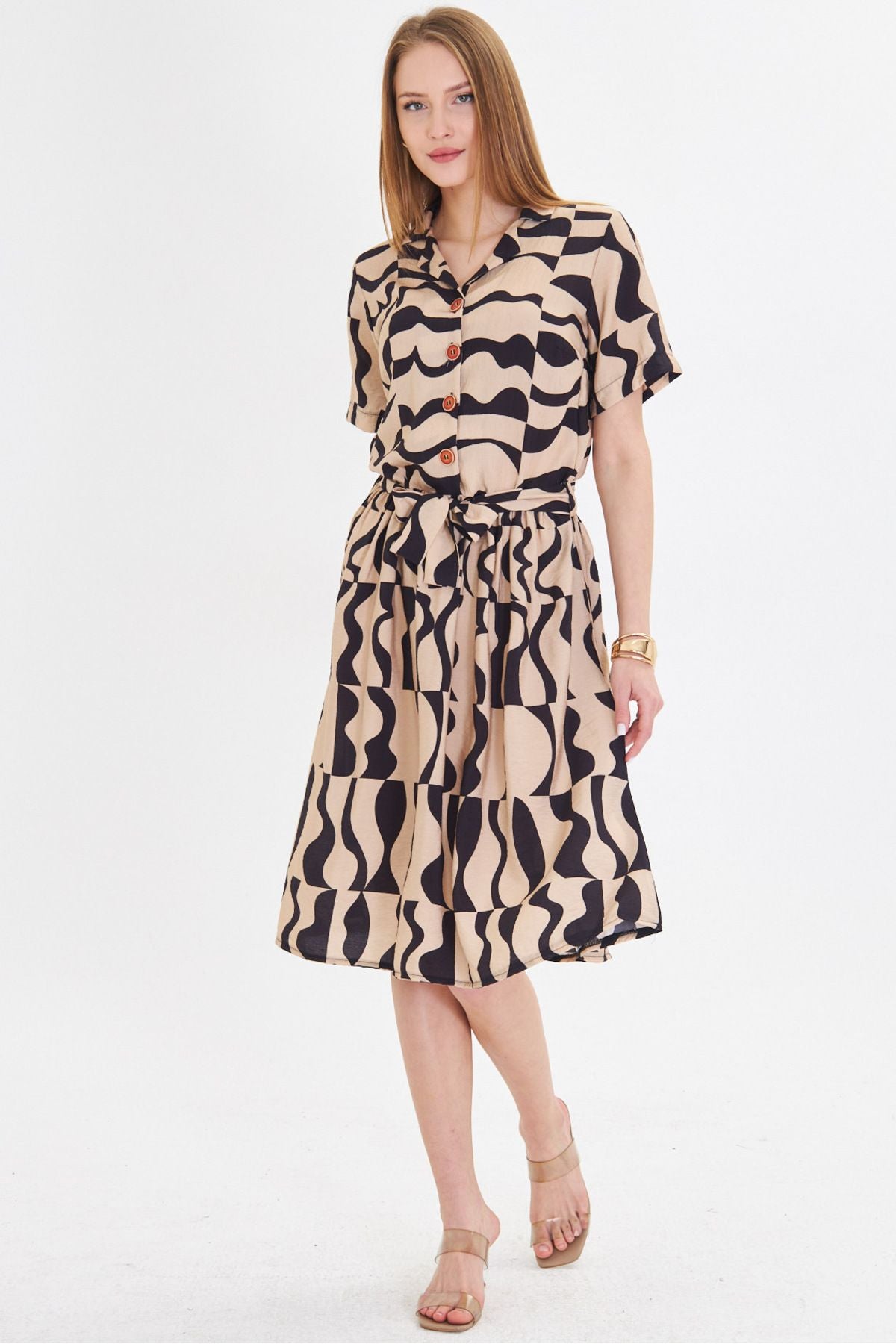 Female Beige front buttoned waist shirred belt midi size dress ARM-24Y001068