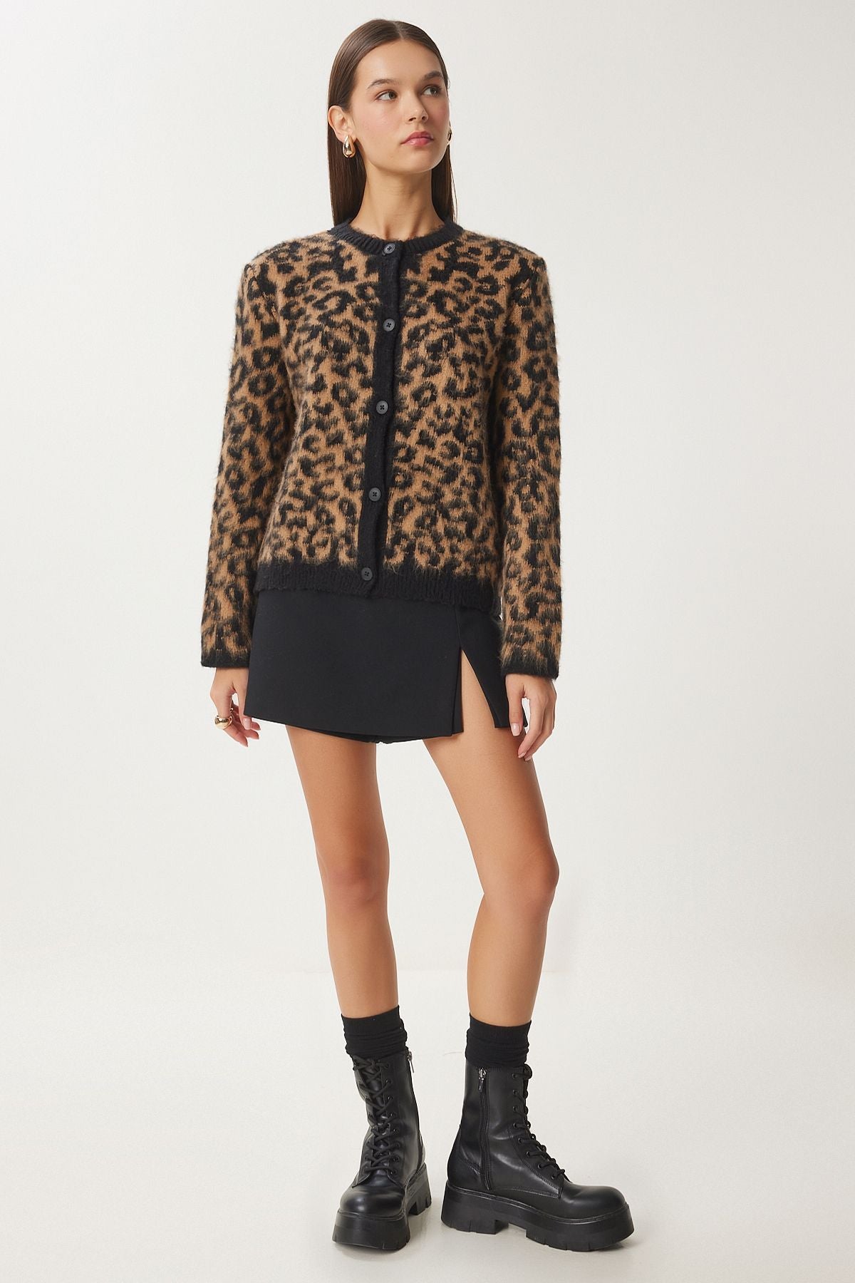 Women's black brown leopard patterned short beard knitwear cardigan US00935