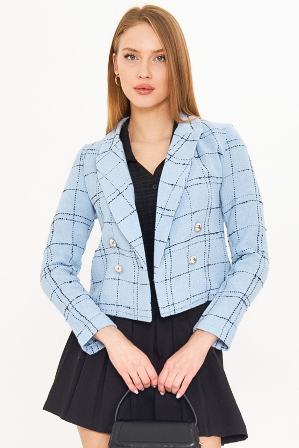 Women's Blue-Black Cruve Yaka Tüvit Crop Jacket ARM-24K001014