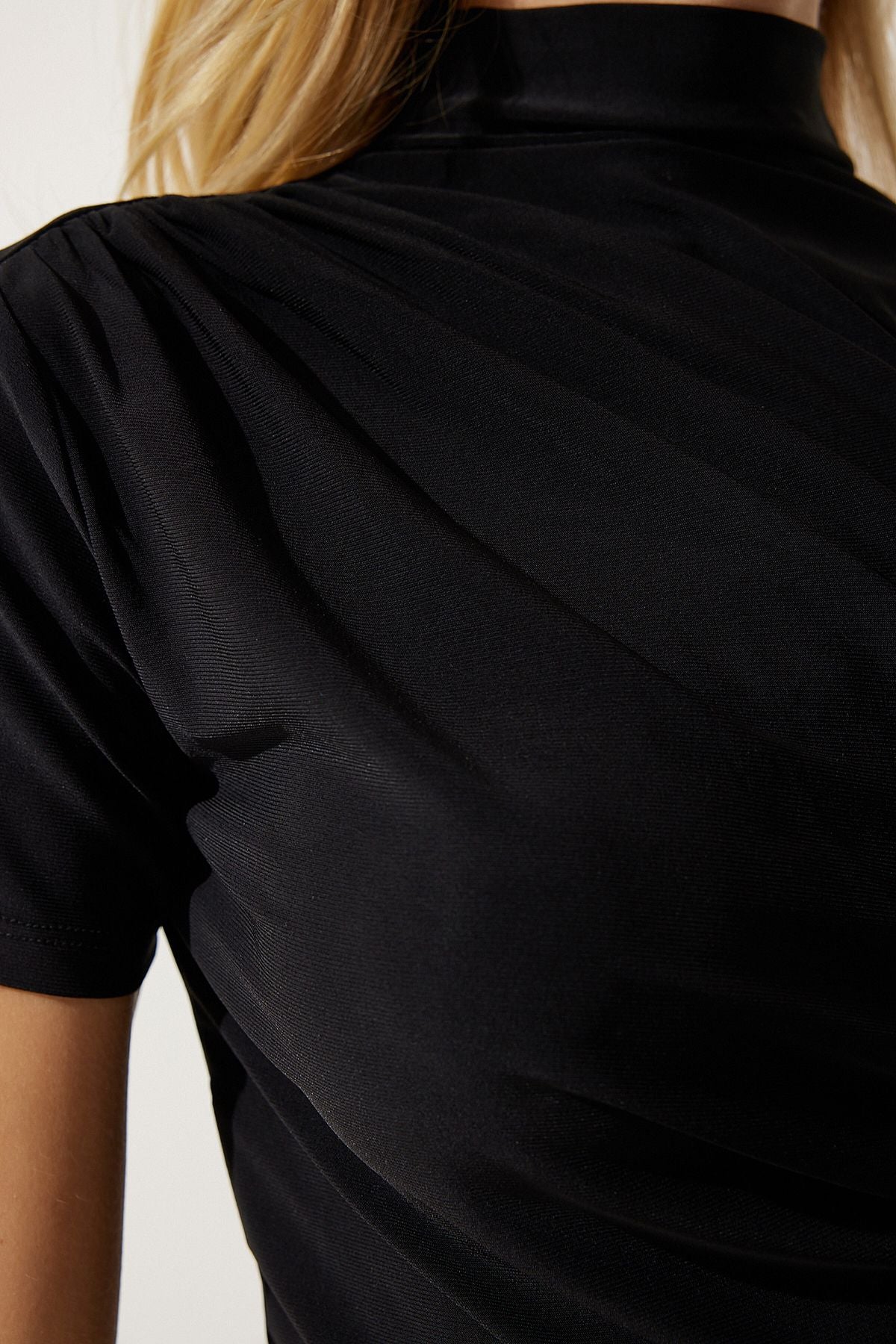 Female black shirred upright collar knit blouse RC00150