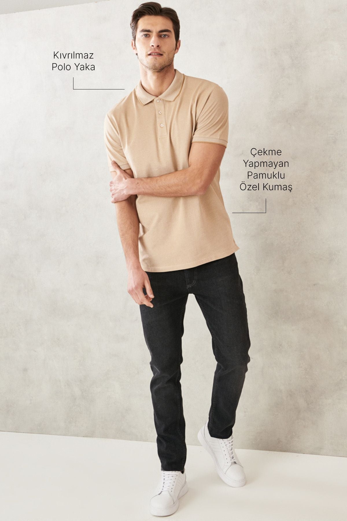 Men-Plugging Cotton Fabric Slim Fit Narrow Cut Light Beige-White Curlled Polo Yaka T-shirt