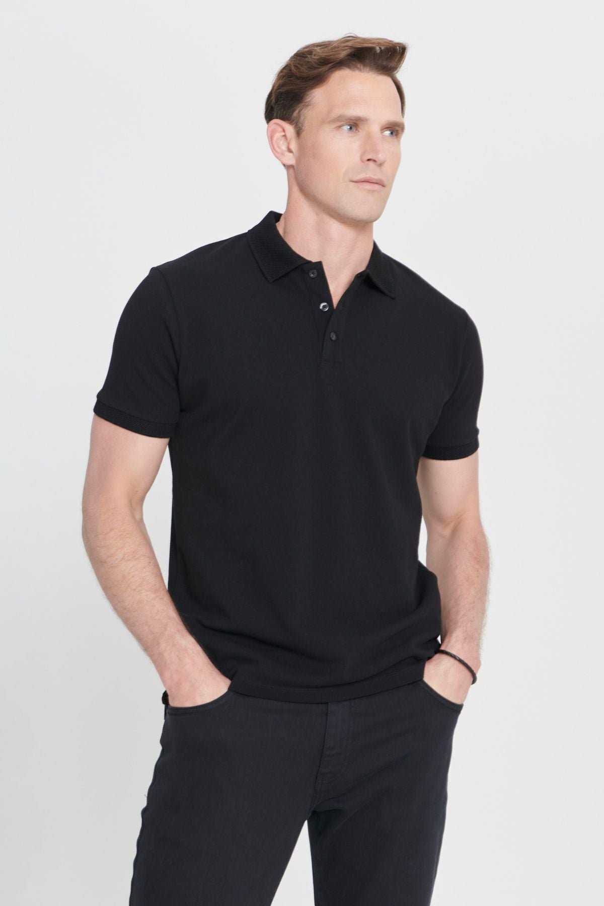 Men's black 100 %cotton curved Pike Slim Slim Fit Narrow Cut T -shirt