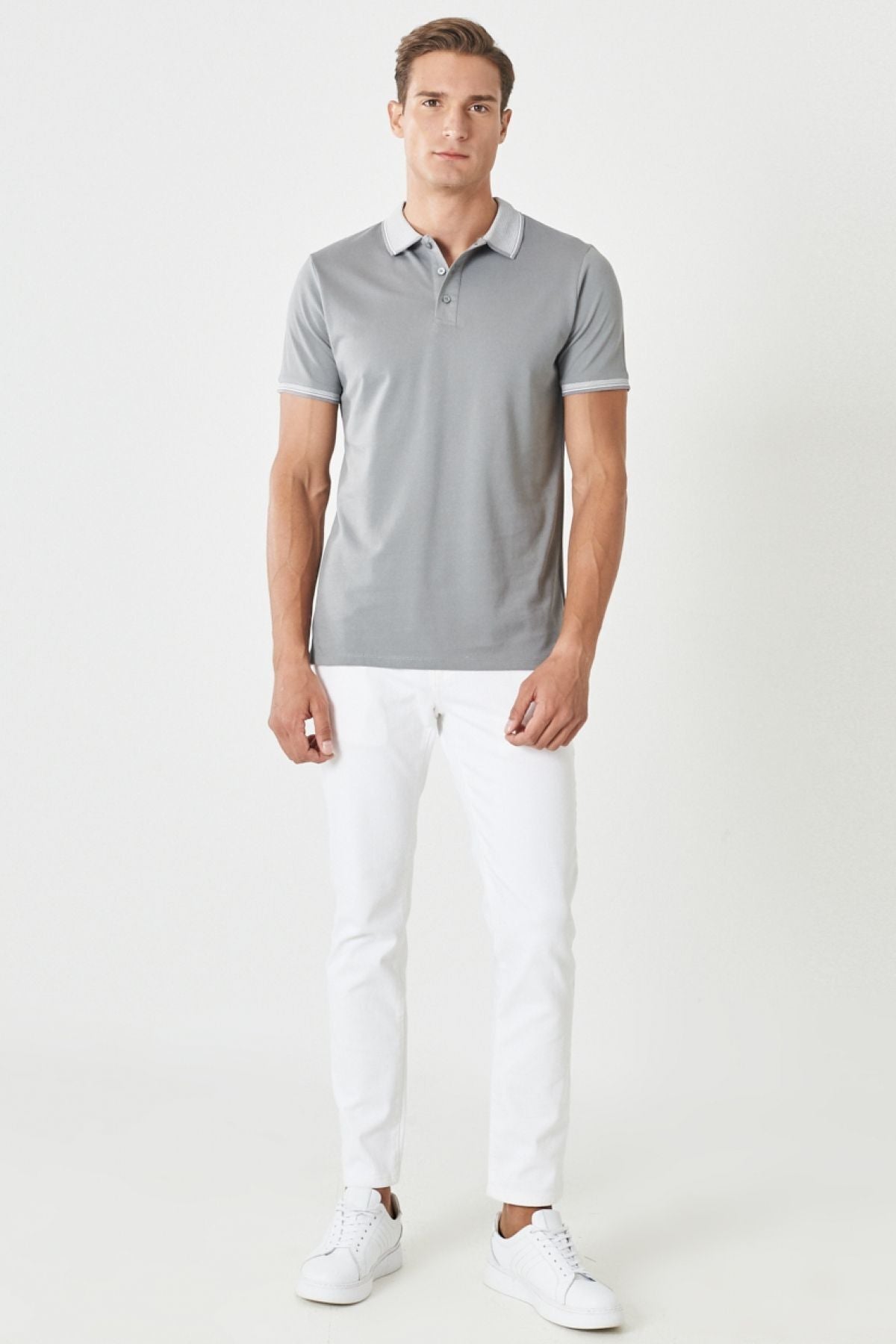 Men-Plugging Cotton Fabric Slim Fit Narrow Cut Gray Curled Polo Yaka T-shirt