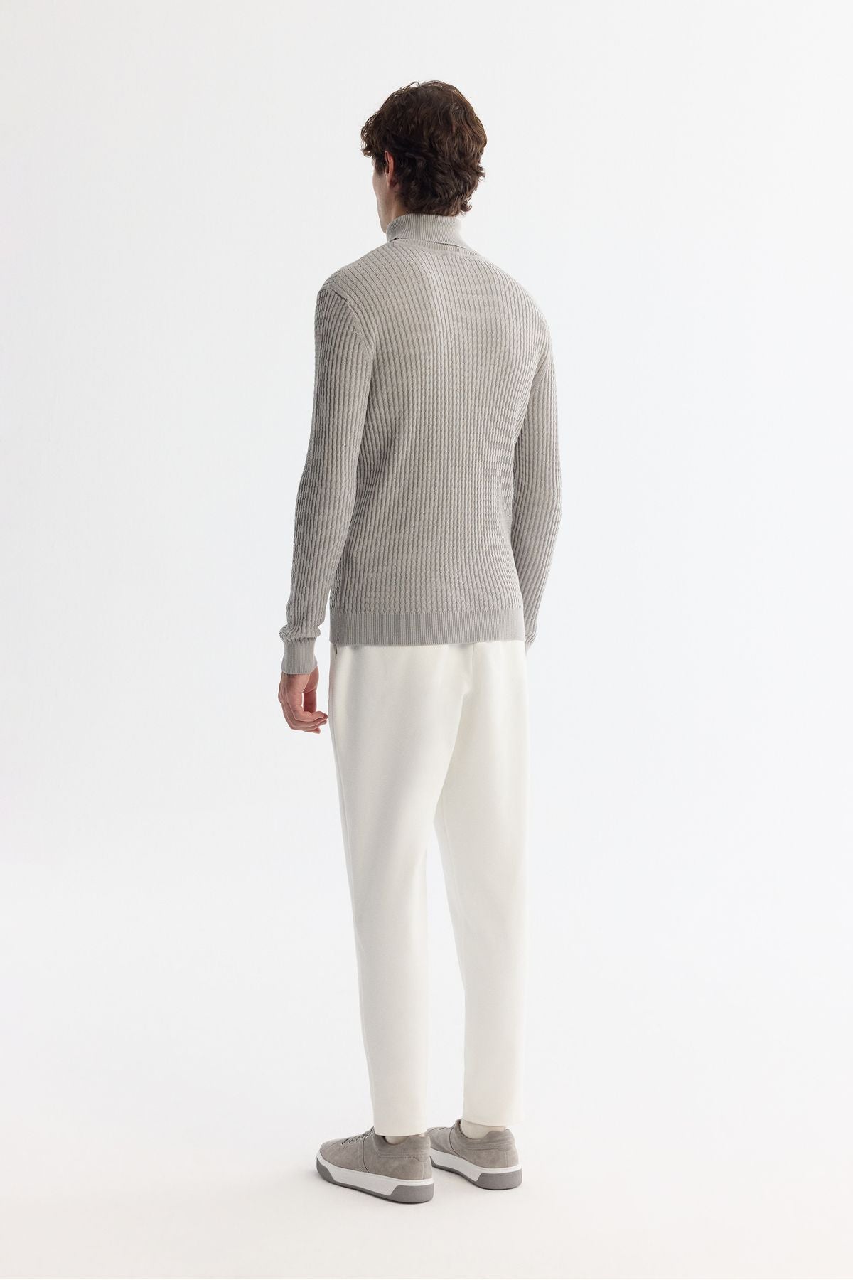 Men's Gray Full Fisherman Neck Wool Mixed Jacquari Knitwear Sweater A42Y5074