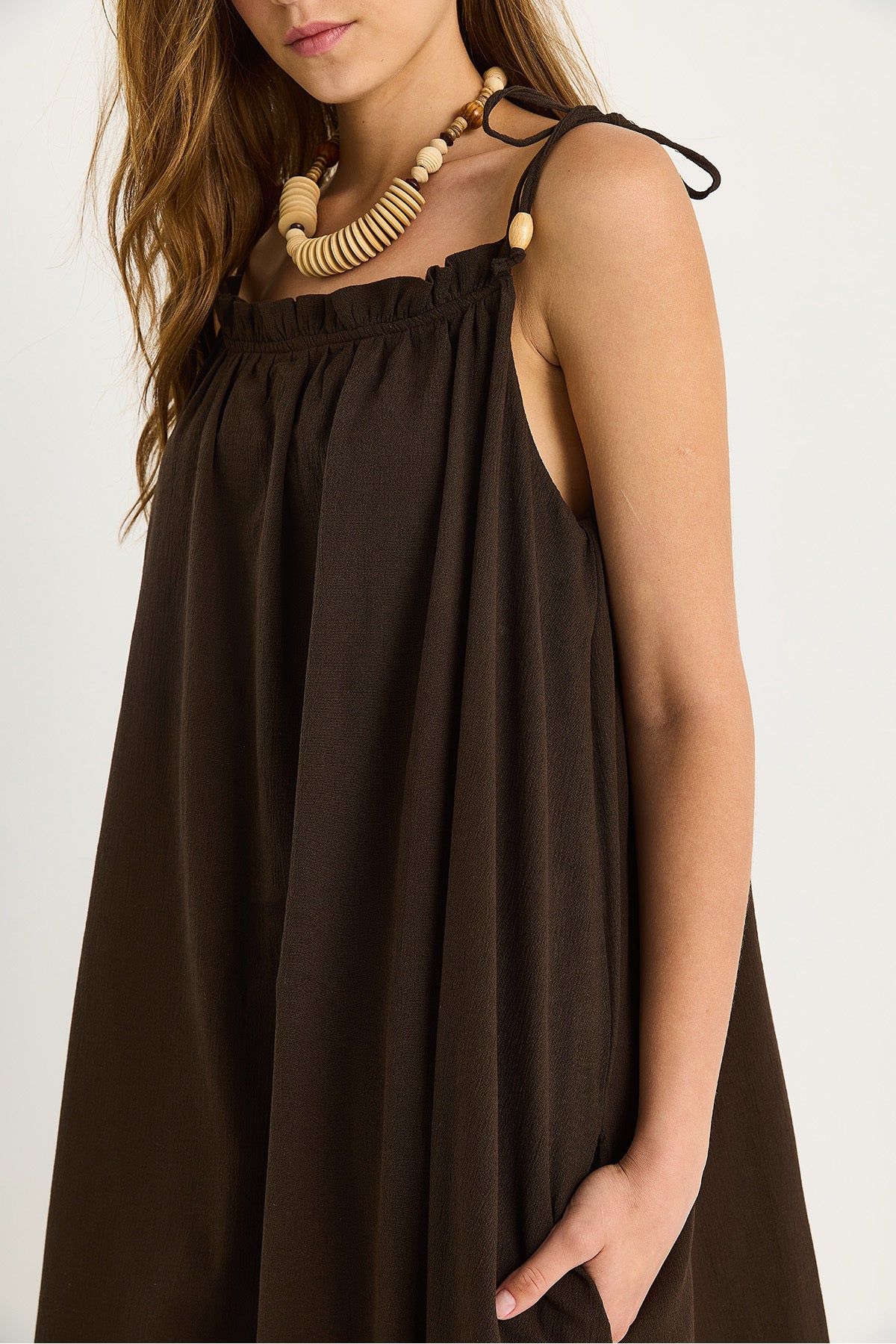 Women's Tie Strap Pocket Detailed Lined Long Crinkle Oversize Dress 5249 60281095