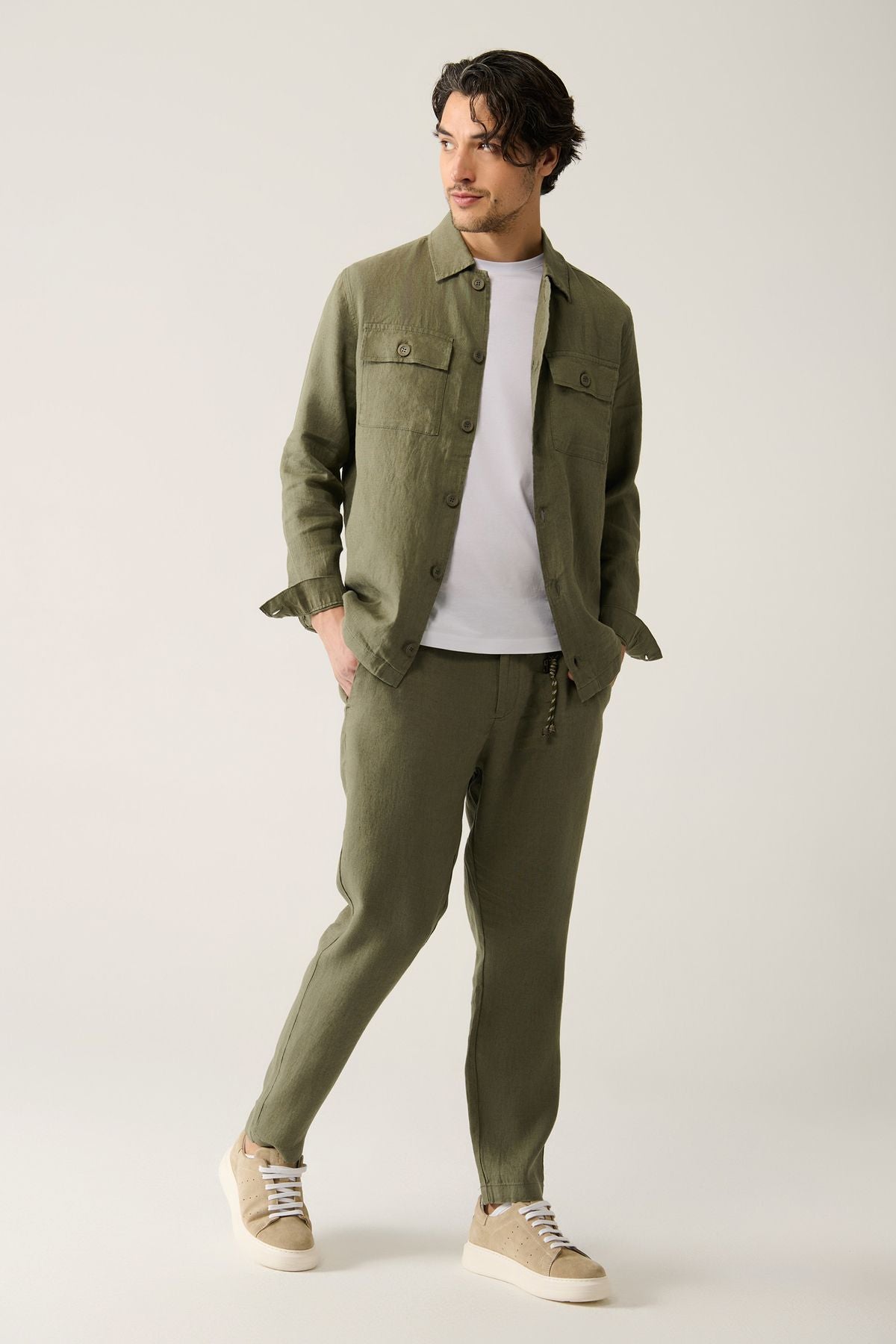 Men's Khaki Waist Waist Tire 100 %Linen Pants B003032
