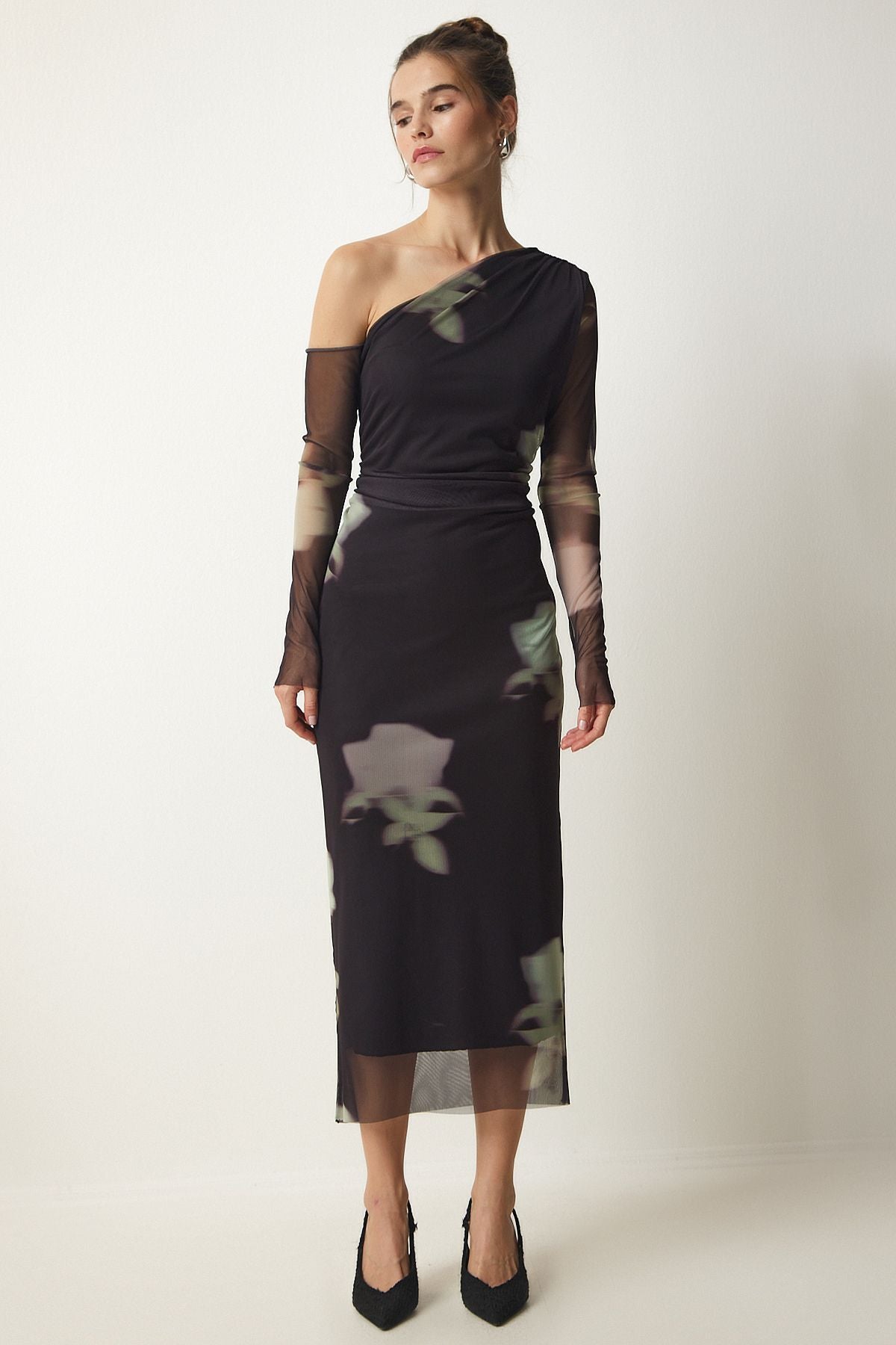 Woman Black One Shoulder Patterned Chiffon Dress DP00192