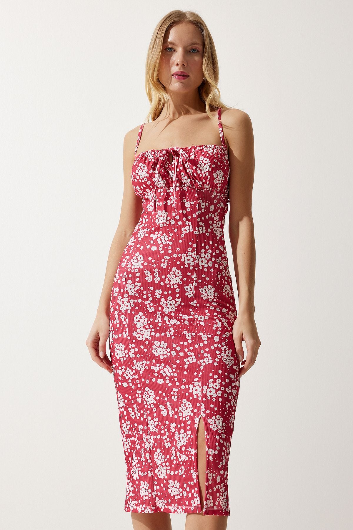 Woman Pink White Flower Slit Summer Knitting Dress CI00029