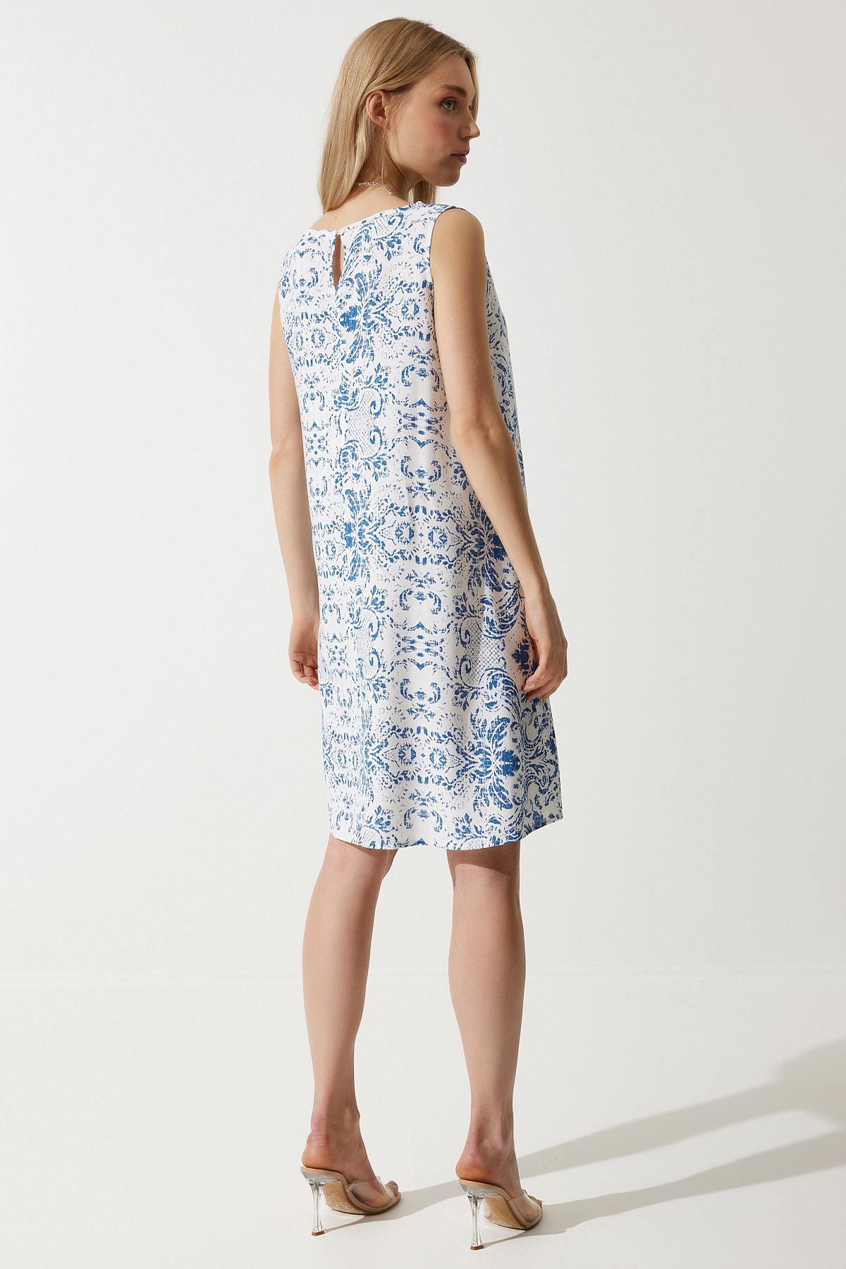 Female blue white patterned linen viscose mini dress BH00343