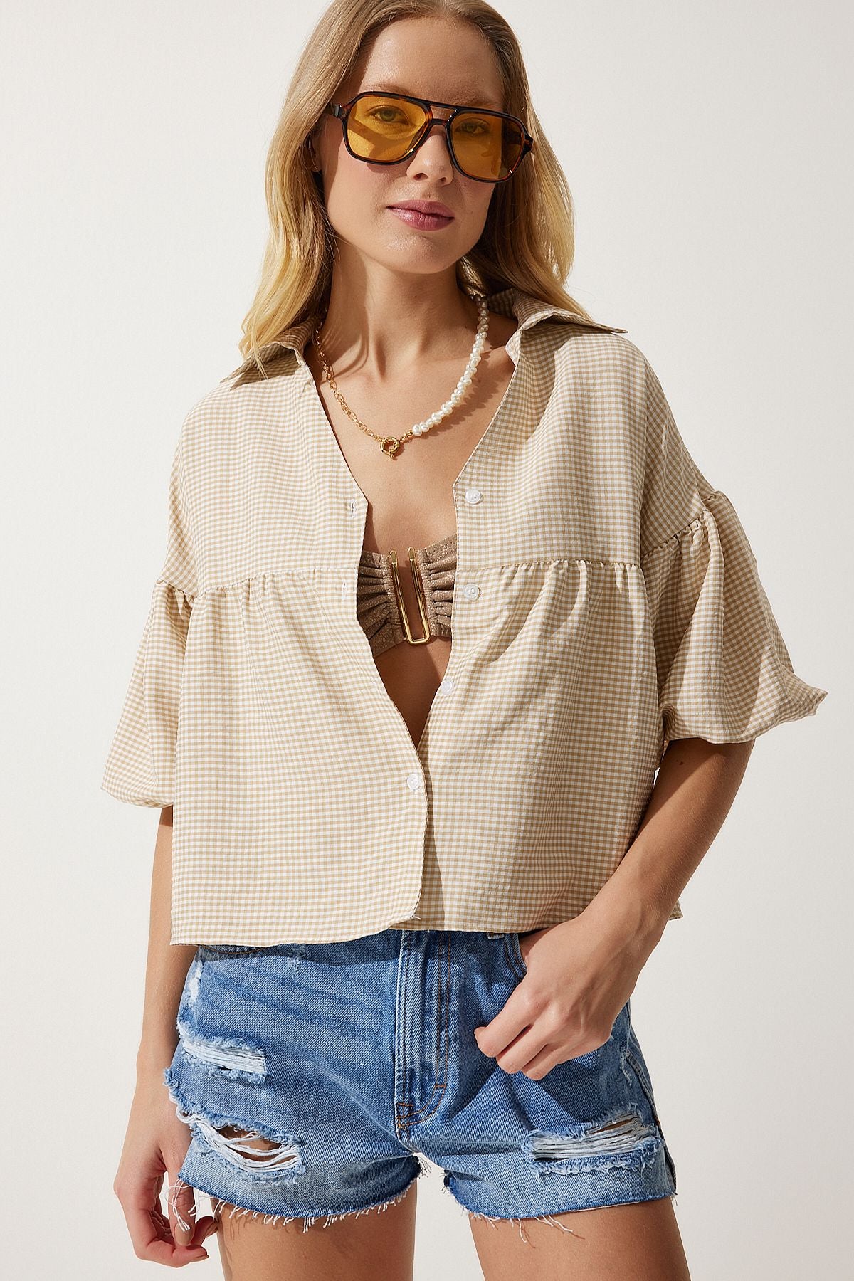 Women's Beige Balloon Sleeve Pötikare Woven Shirt RG00013
