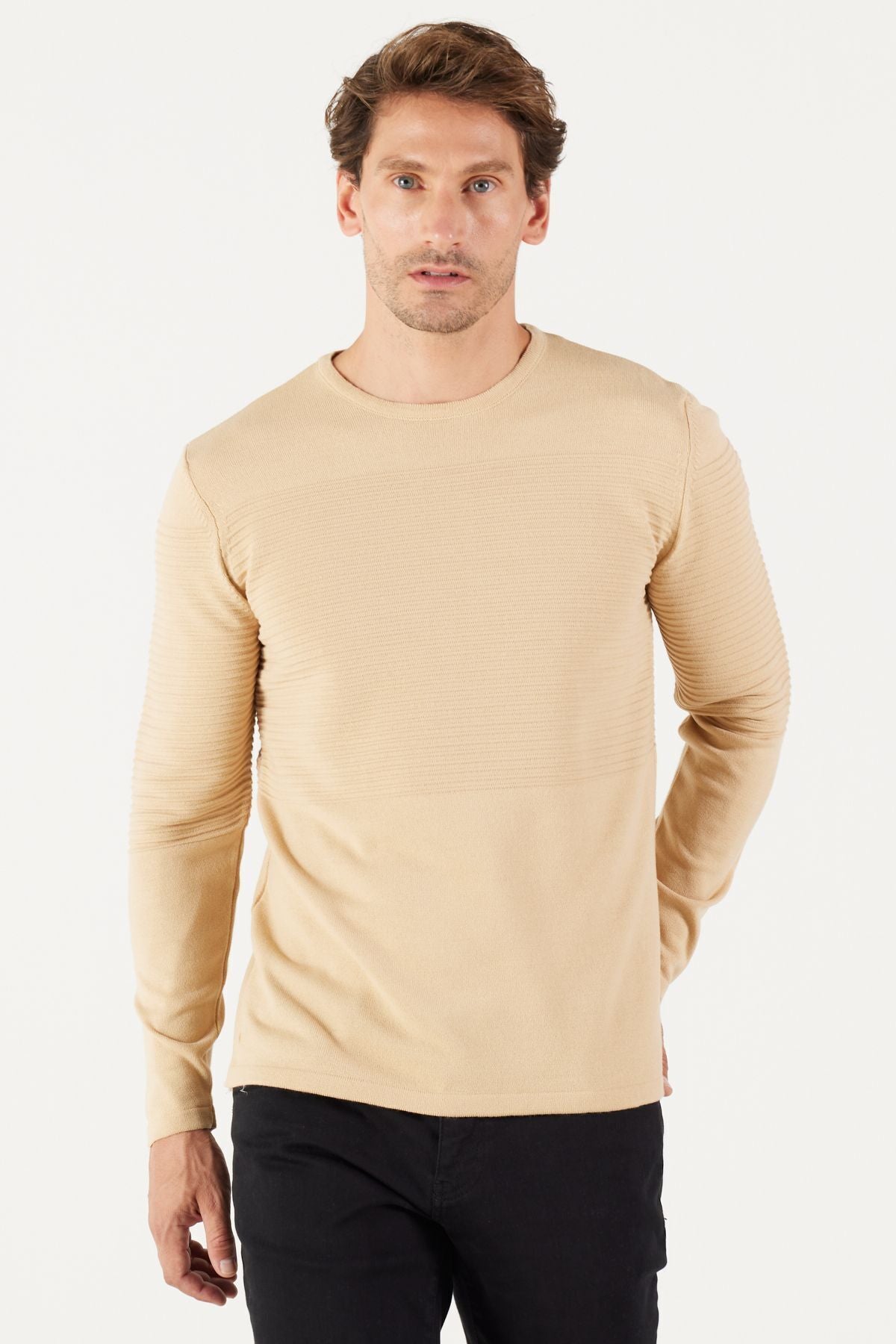 Men's Dark Beige Standard Fit Normal Cut Normal Cutting Bicycle Celko Sweater