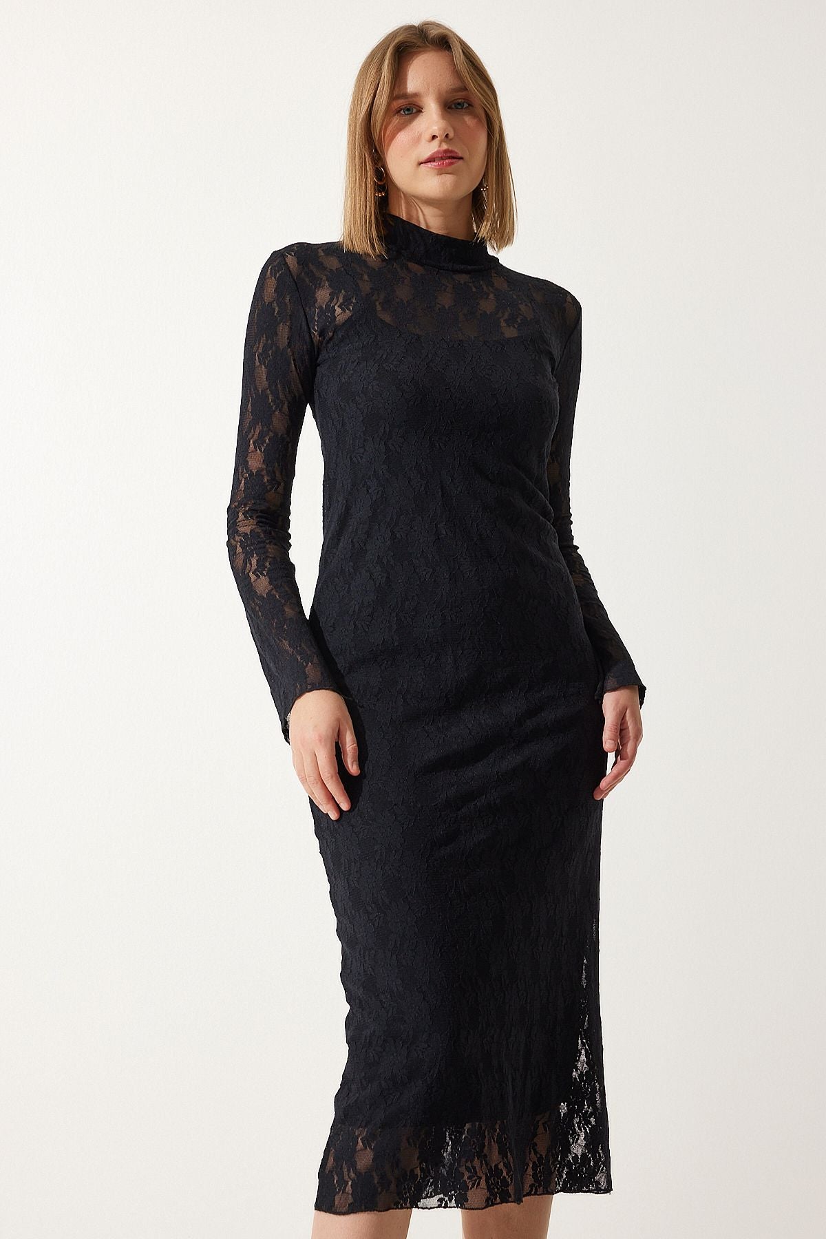 Woman black upright collar stylish lace dress an00192