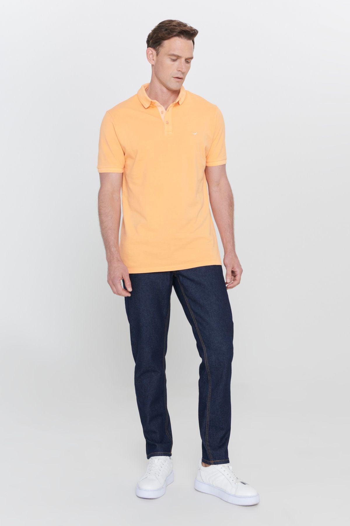 Men's orange slim fit narrow cut polo collar 100 %cotton patterned T -shirt