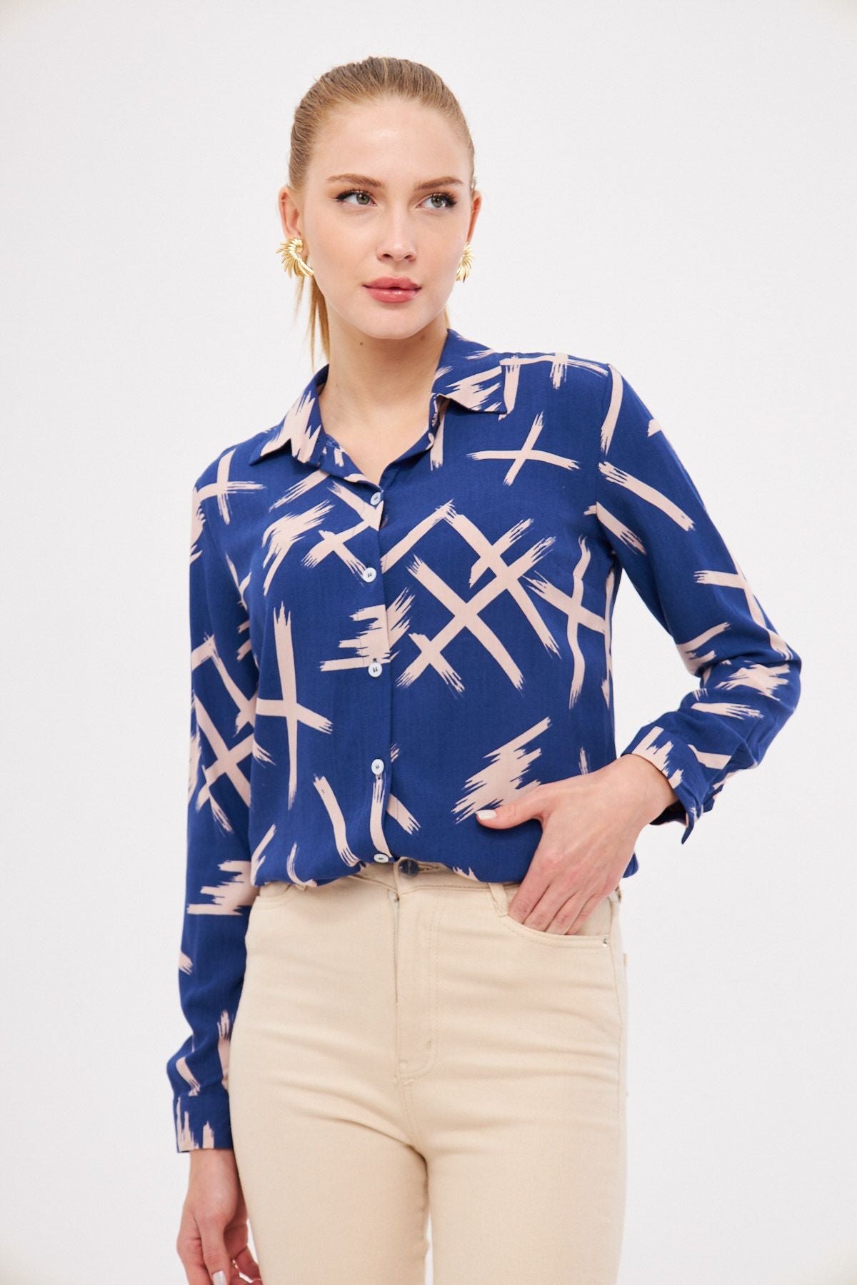 Women's Navy Blue Patterned Long Sleeve Shirt ARM-25K001040