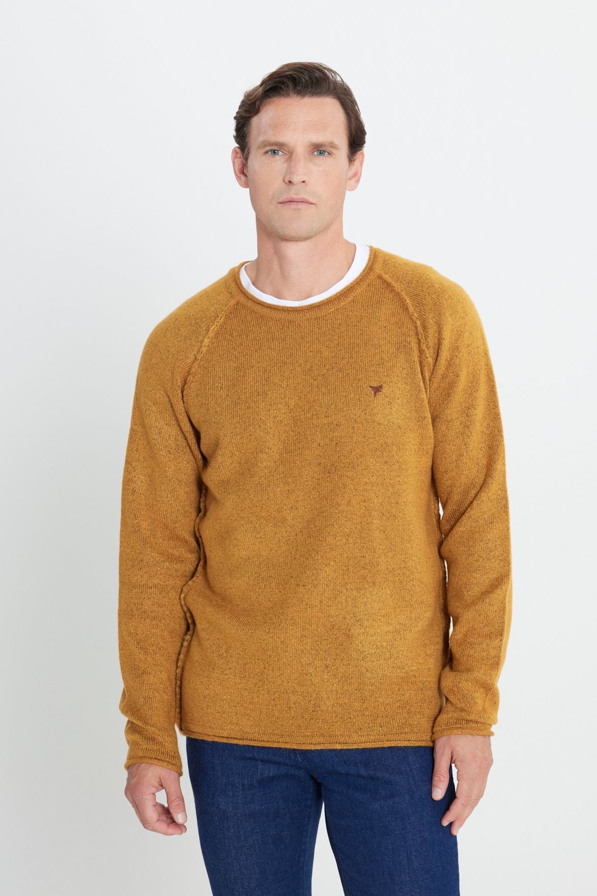 Men's mustard standard fit normal cut normal bike collar chart soft textured knitwear sweater