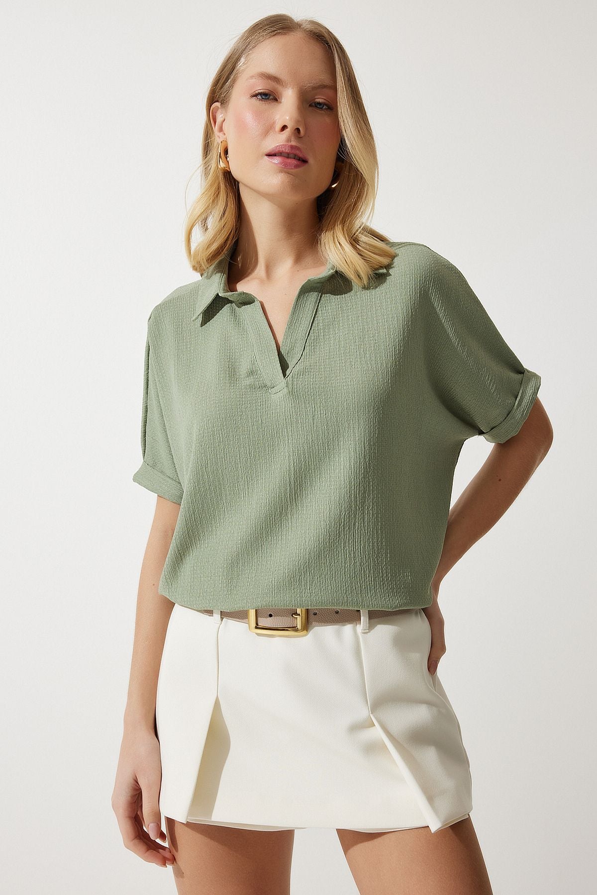 Woman Khaki Polo Yaka Knitting Krinkıl Blouse DD01299