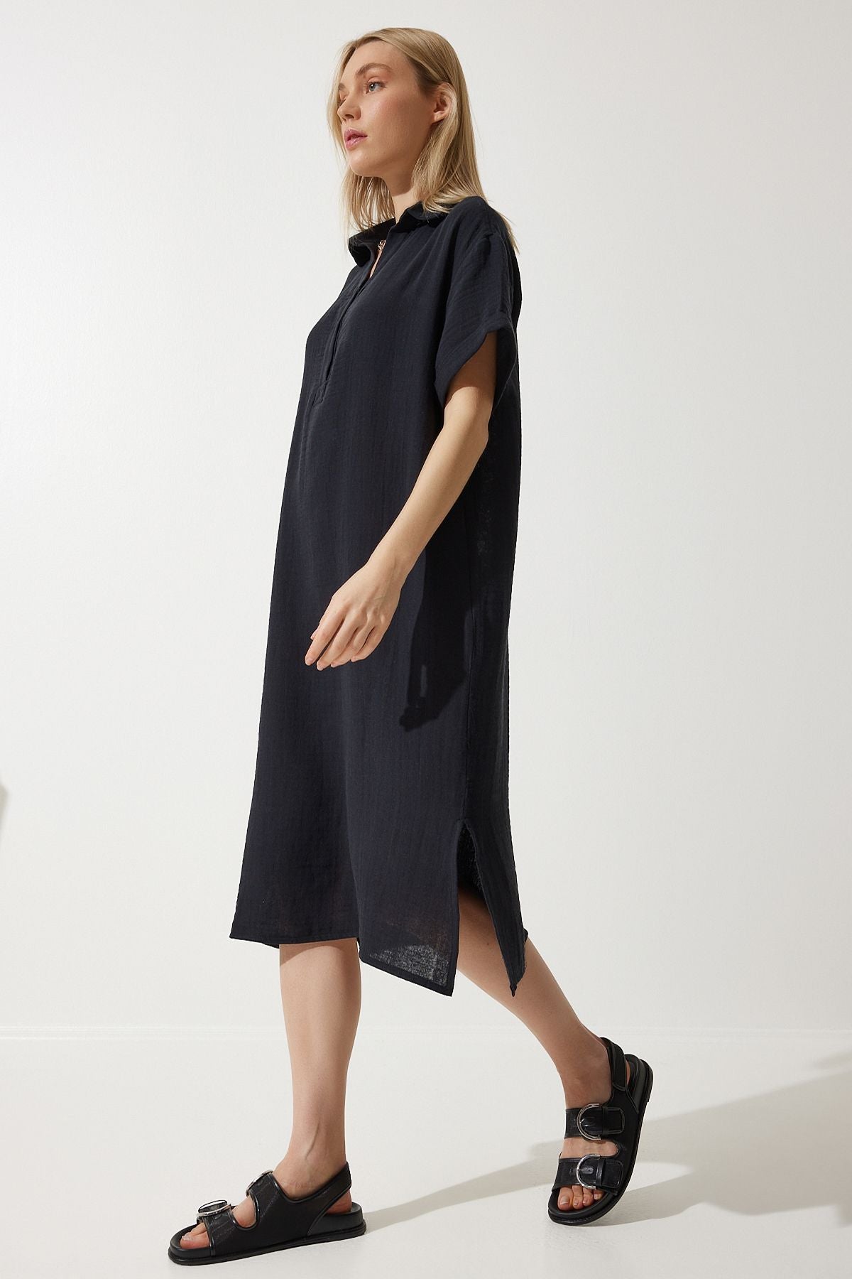 Woman Black Polo Yaka Summer Plenty Muslin Dress to00135