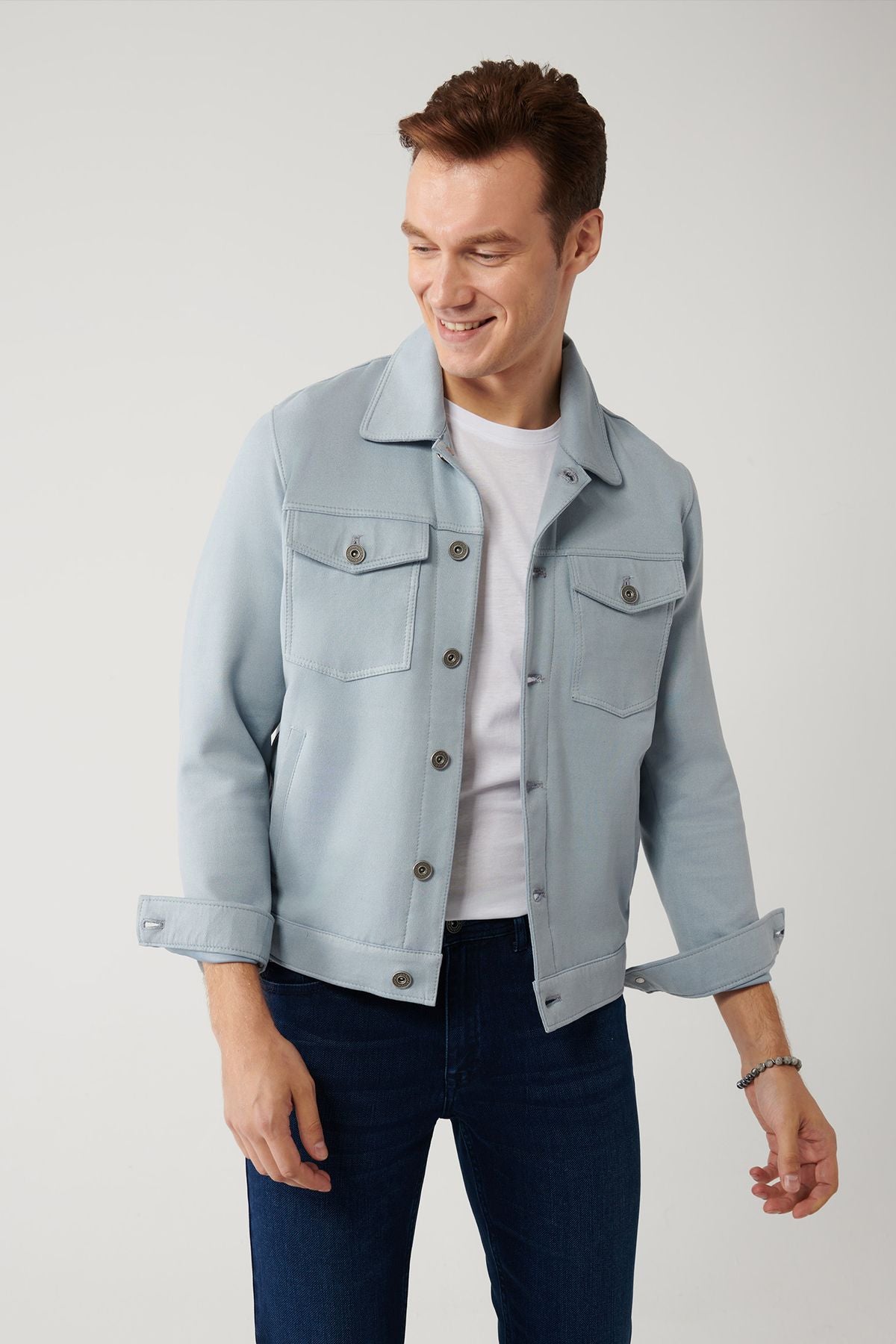 Men's blue classic collar suede -looking pocket jacket A41y6011