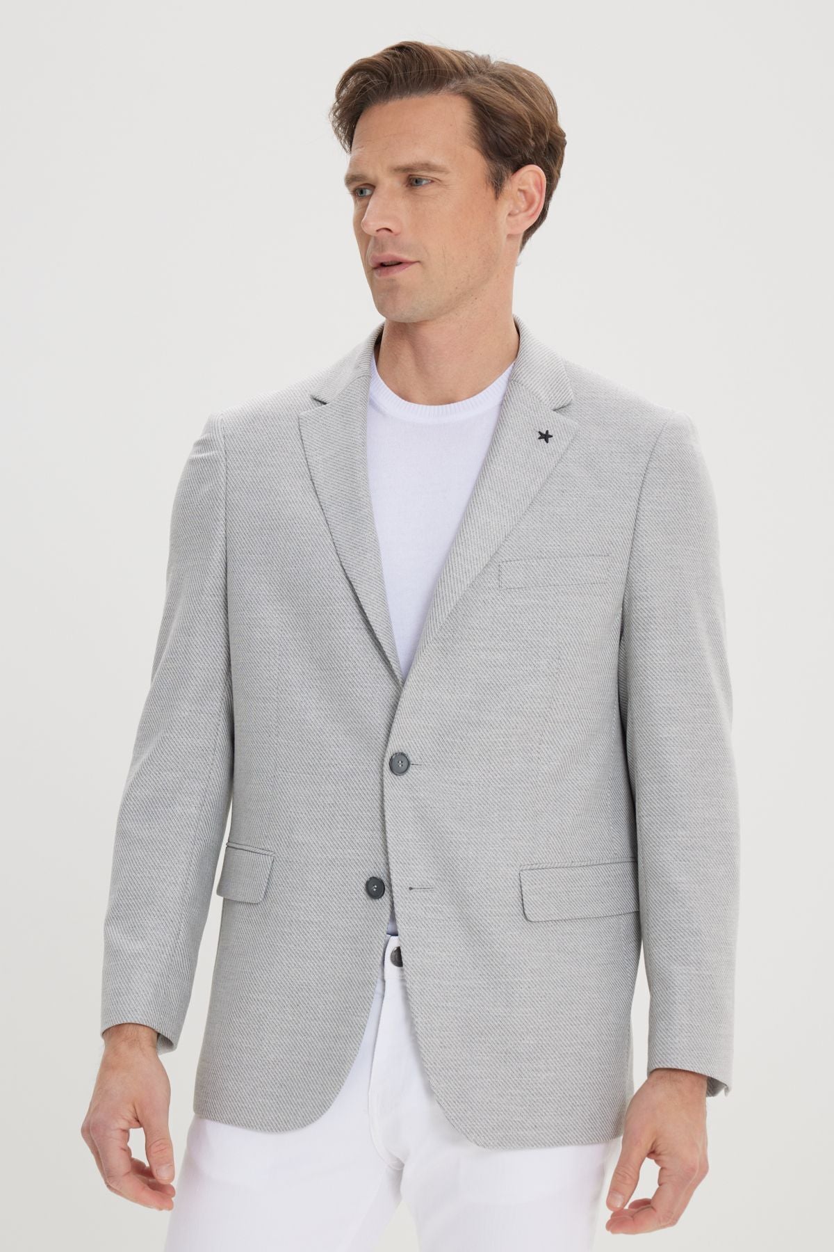 Men's gray regular fit comfortable cut mono collar diagonal patterned blazer jacket