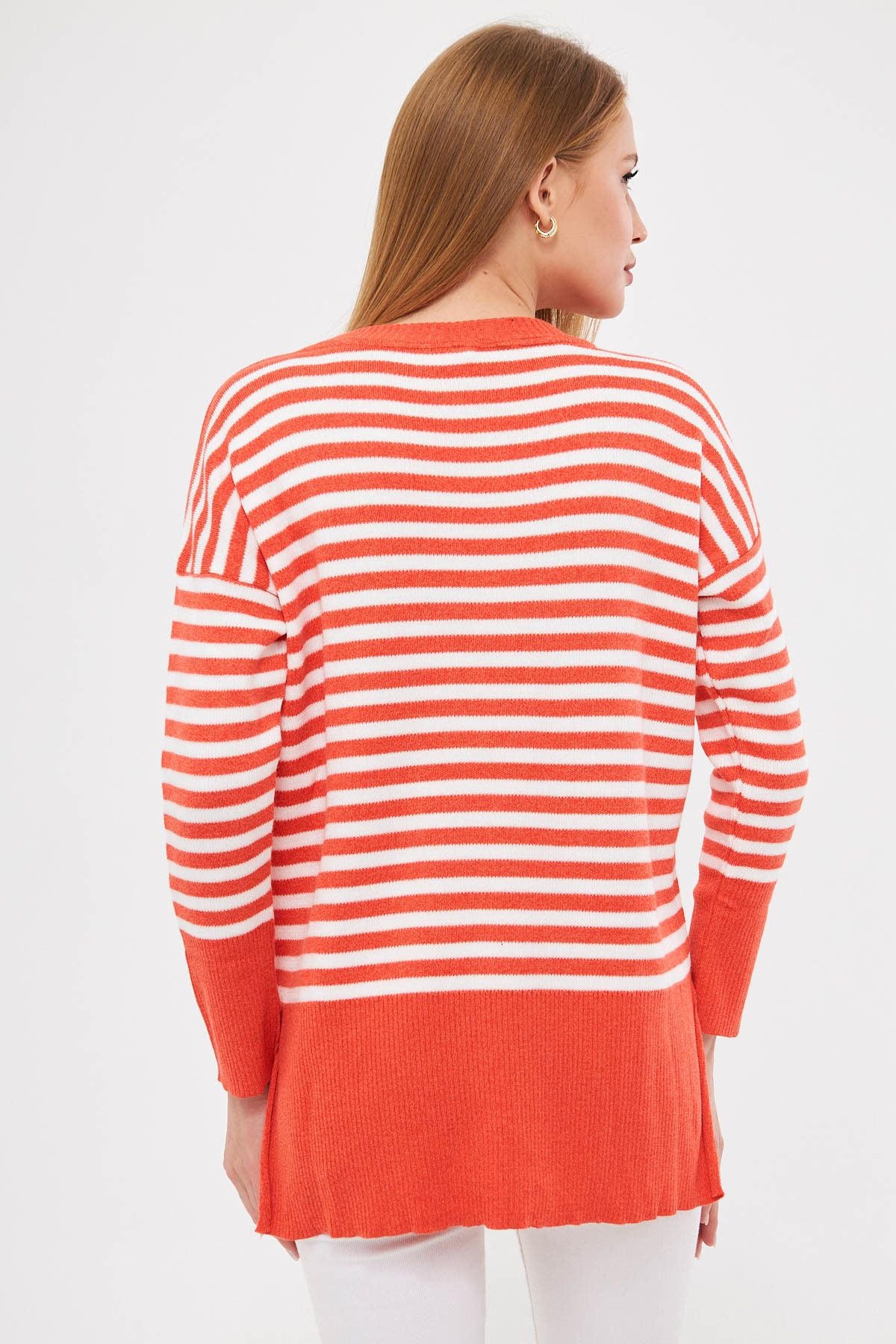 Women's Orange Round Collar striped knitwear sweater ARM-24K012013